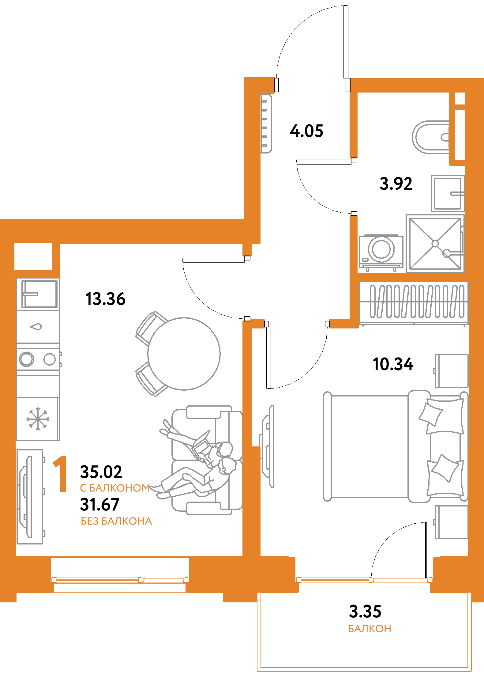 ЖК "Остров-сад"-1-комнатная 35.02 м²