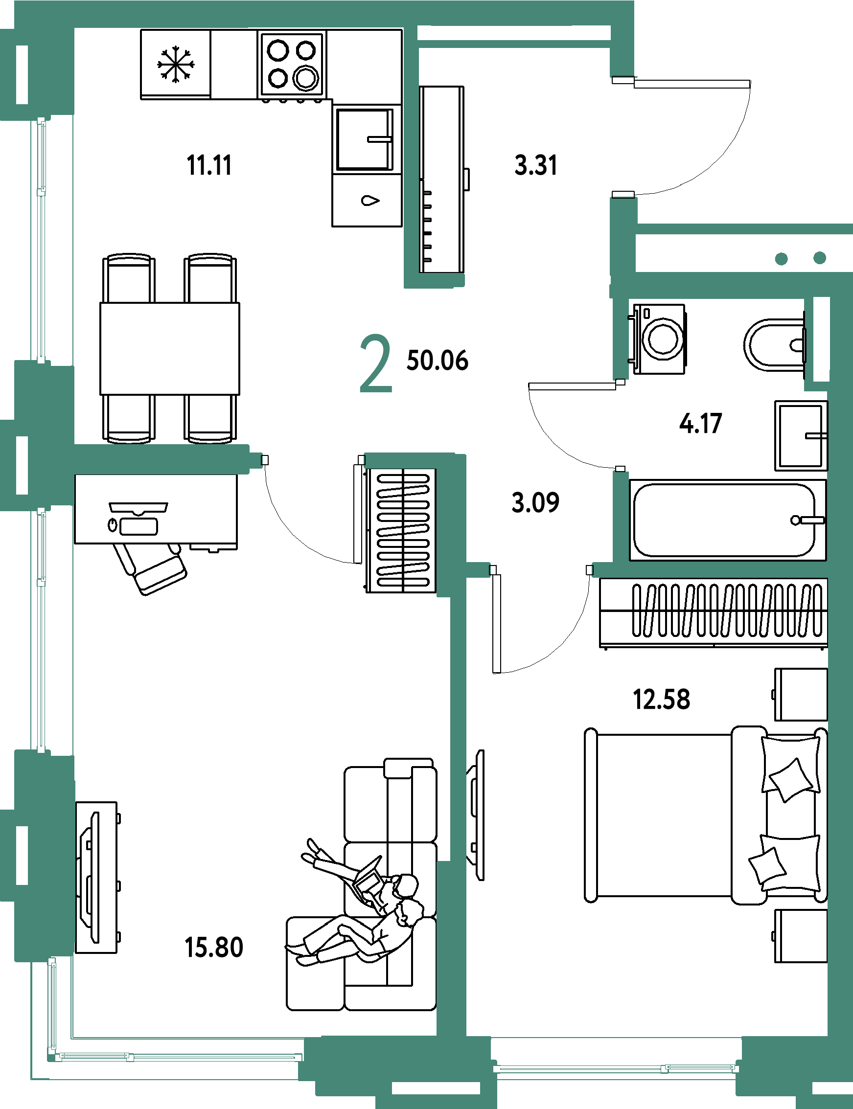 ЖК "Страна.Прибрежная"-2-комнатная 50.06 м²
