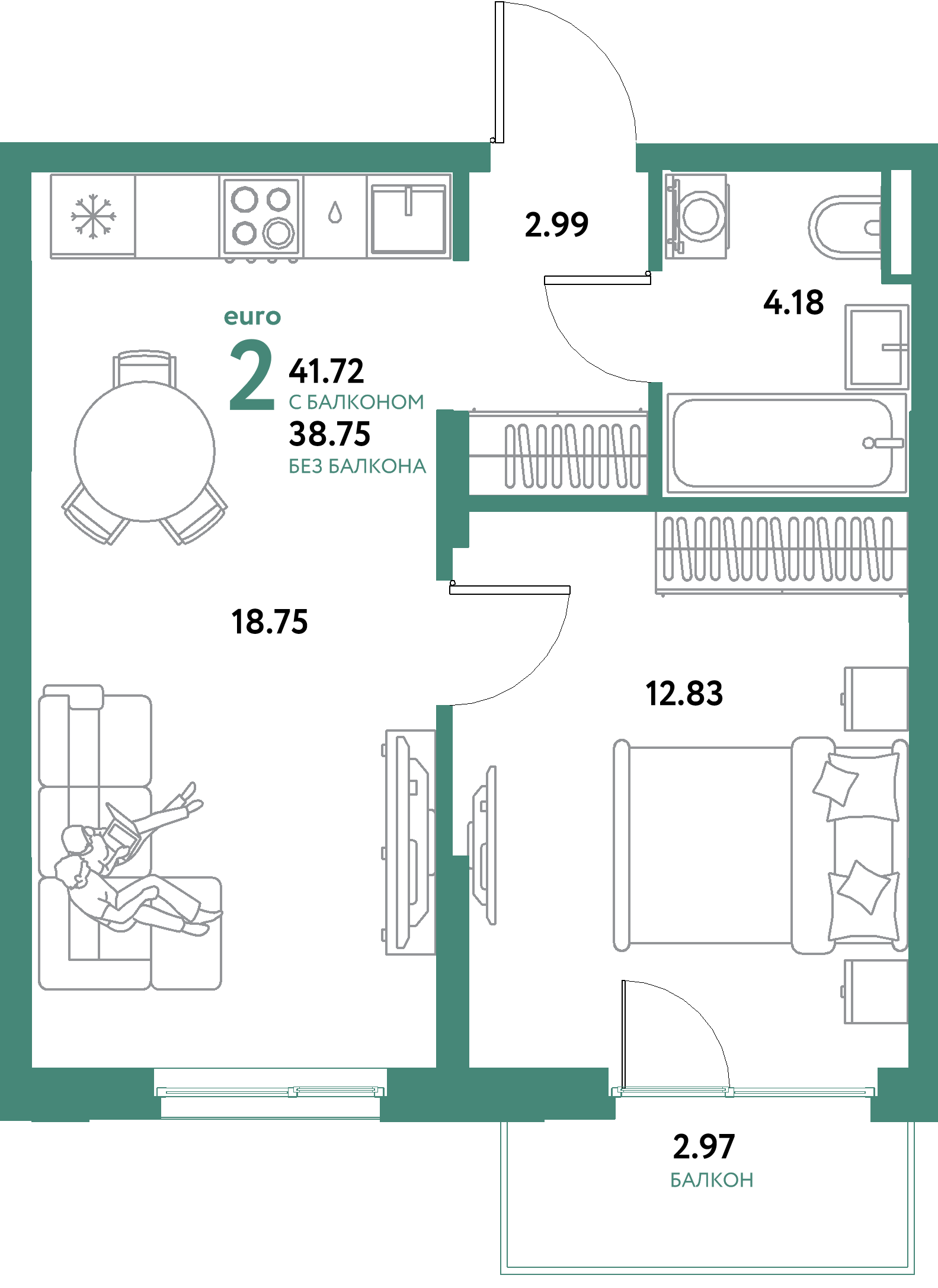 ЖК "Остров-сад"-2-комнатная 41.72 м²