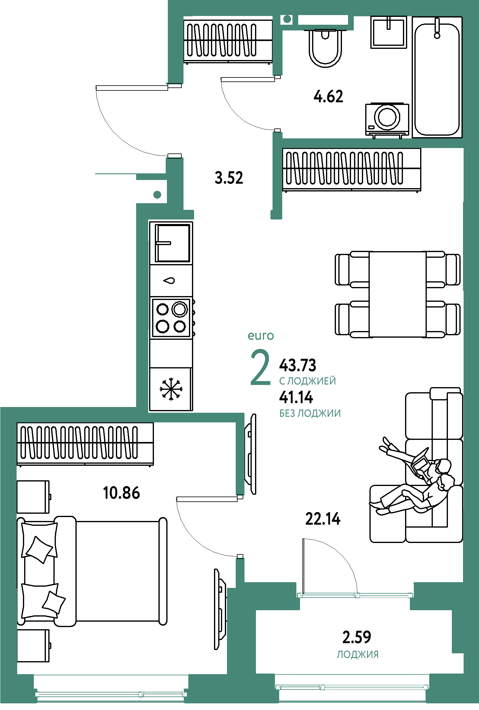 ЖК "Страна.Прибрежная"-2-комнатная 43.73 м²