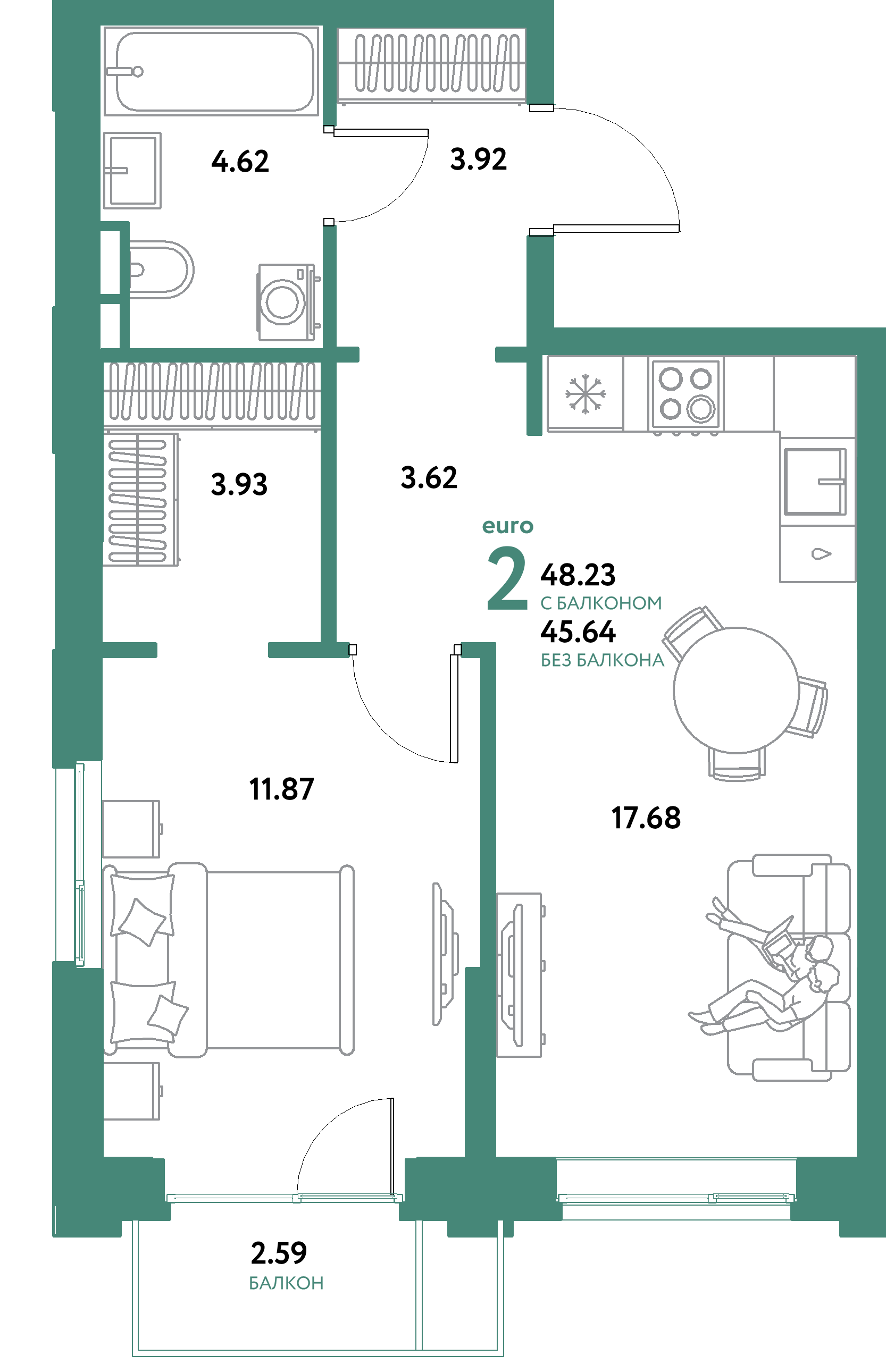 ЖК "Остров-сад"-2-комнатная 48.23 м²