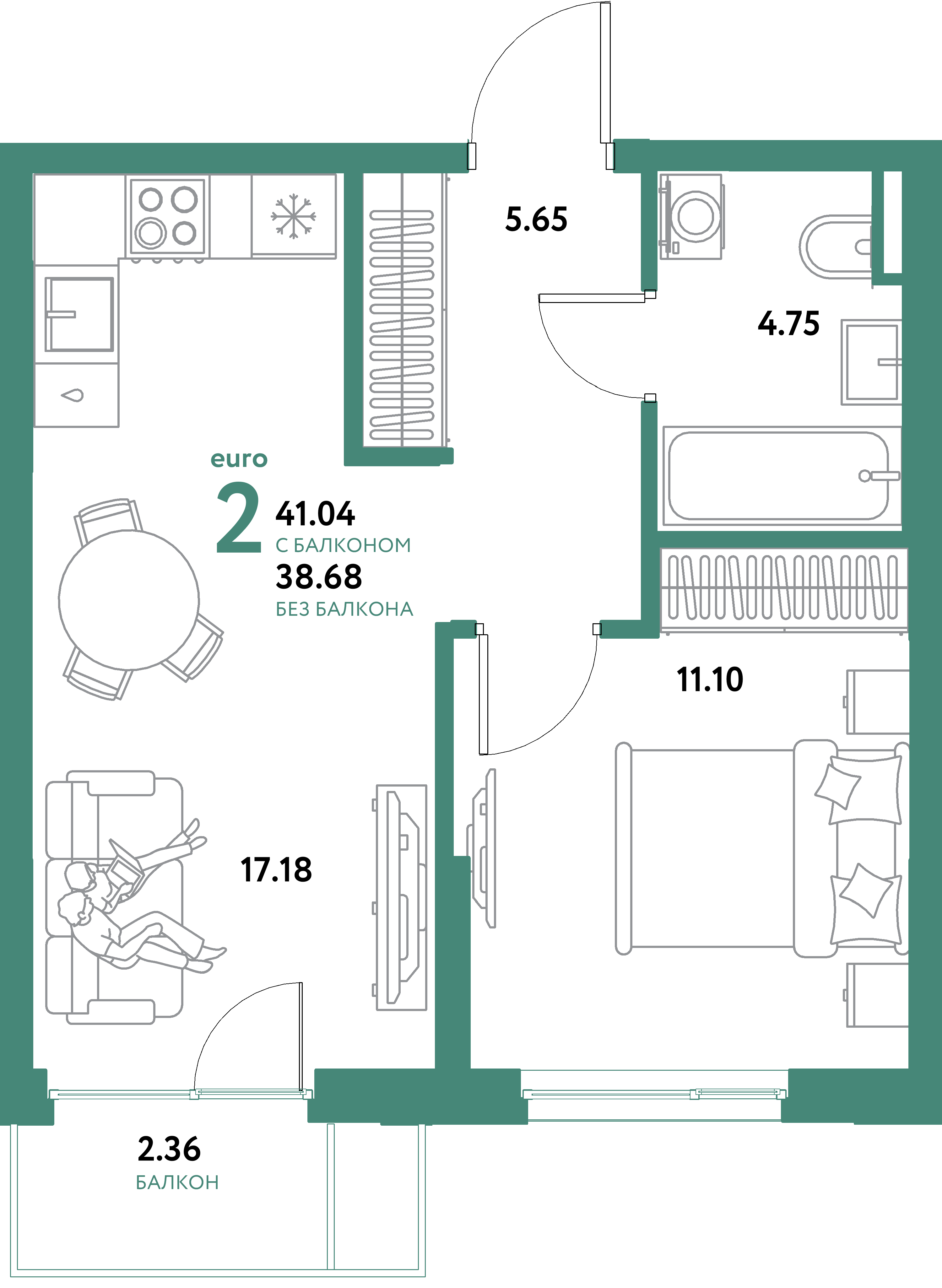 ЖК "Остров-сад"-2-комнатная 41.04 м²