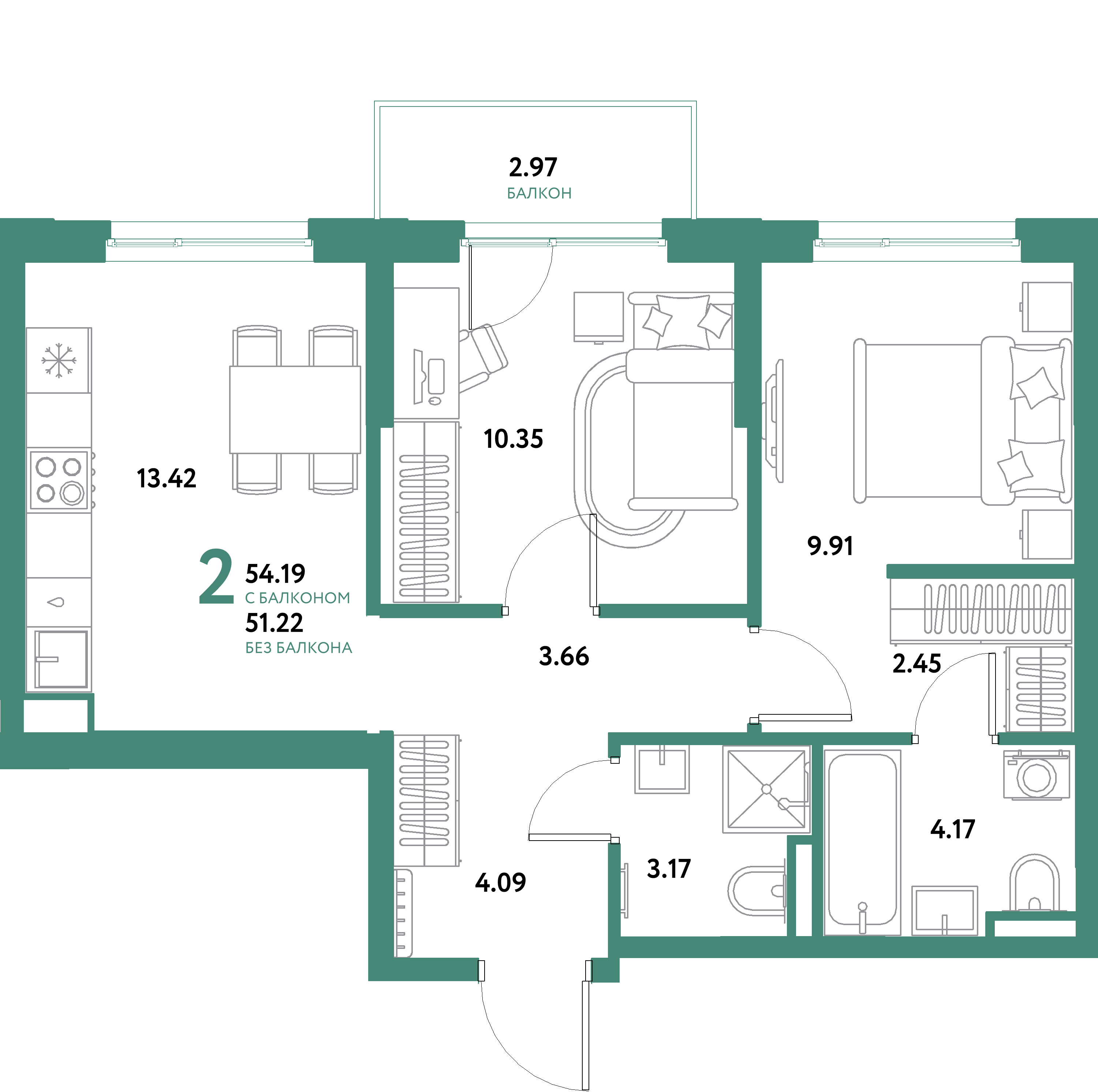 ЖК "Остров-сад"-2-комнатная 54.19 м²