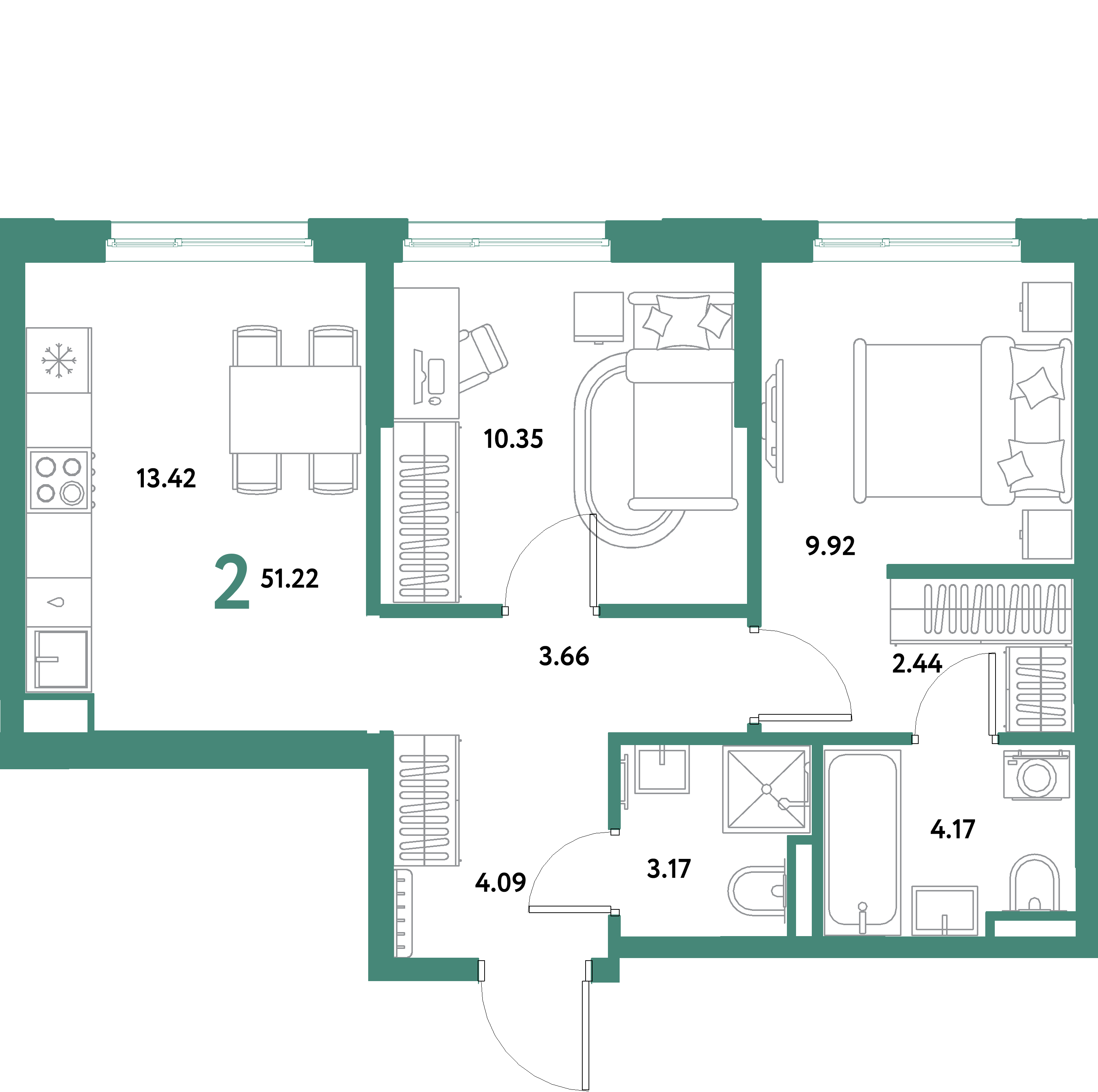 ЖК "Остров-сад"-2-комнатная 51.22 м²
