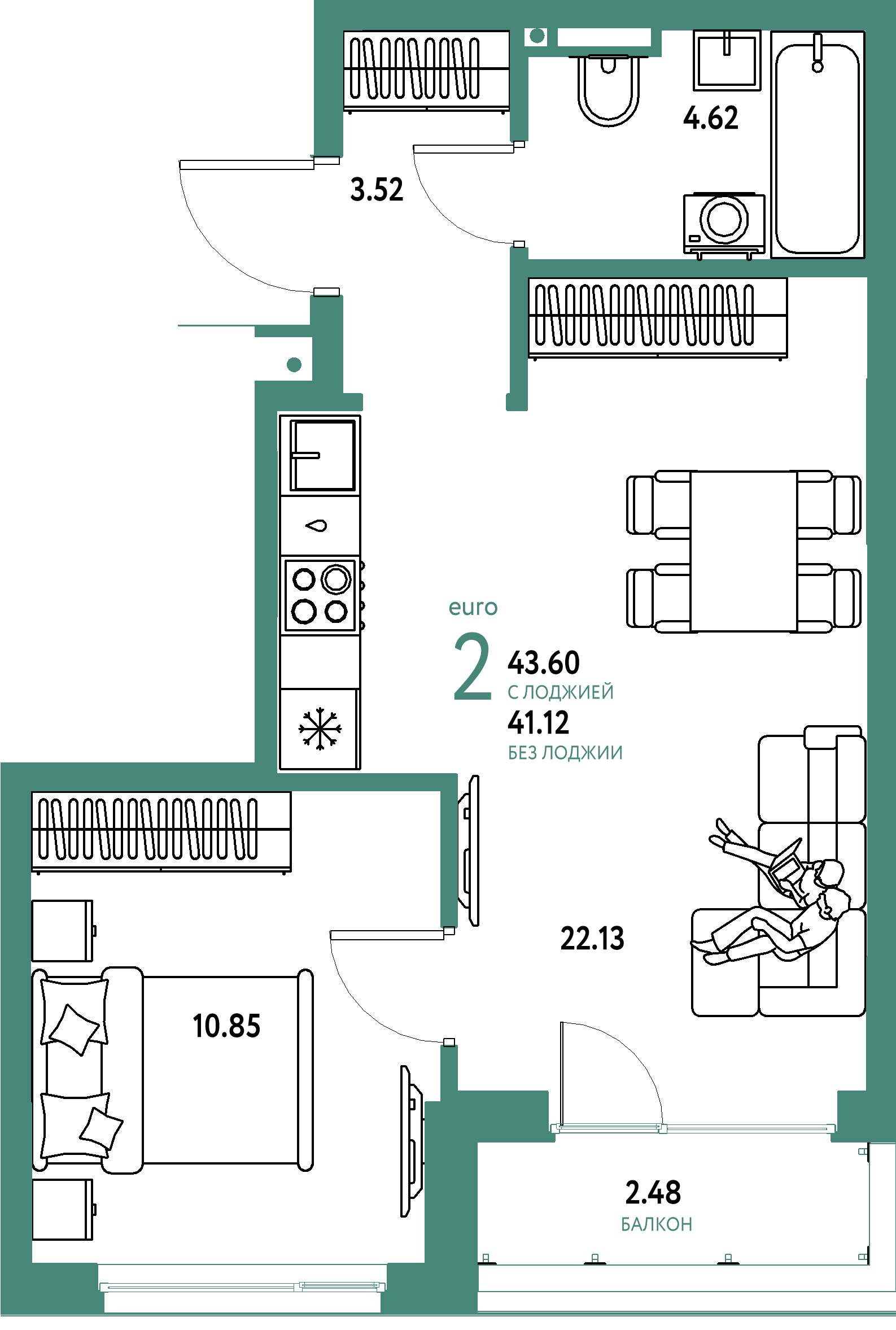 ЖК "Страна.Прибрежная"-2-комнатная 43.6 м²