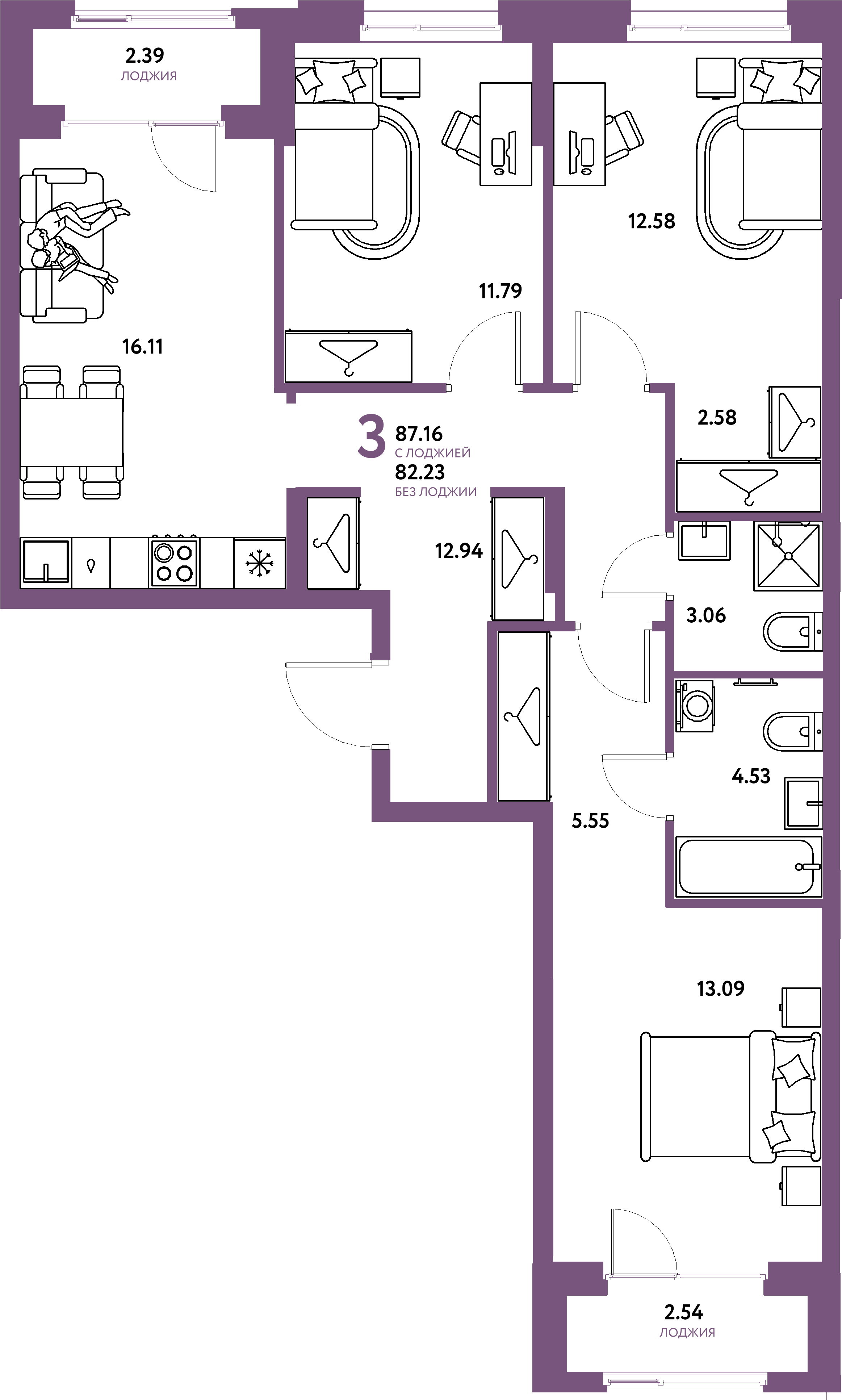 Планировка: 4-комнатная евро 87.2 м² в ЖК Европейский берег 2.0, Европейский