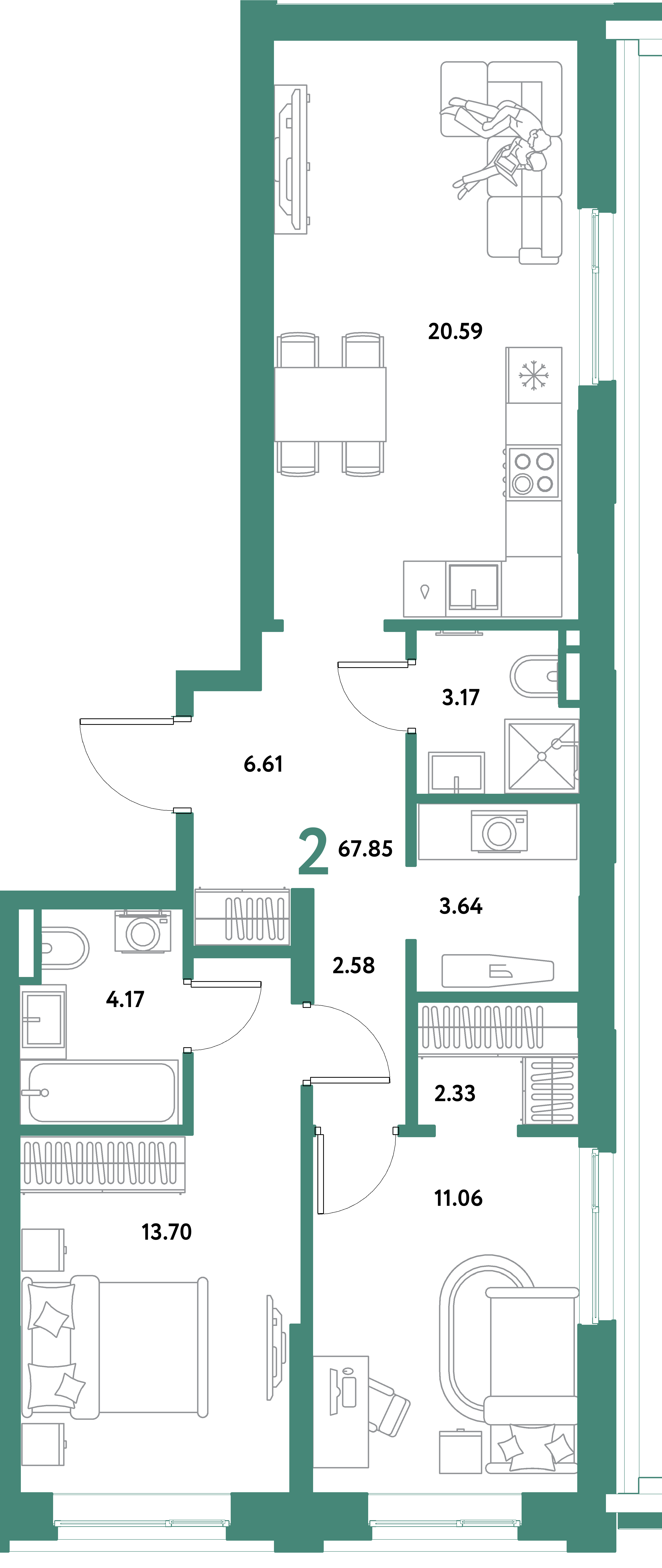 ЖК "Остров-сад"-2-комнатная 67.85 м²