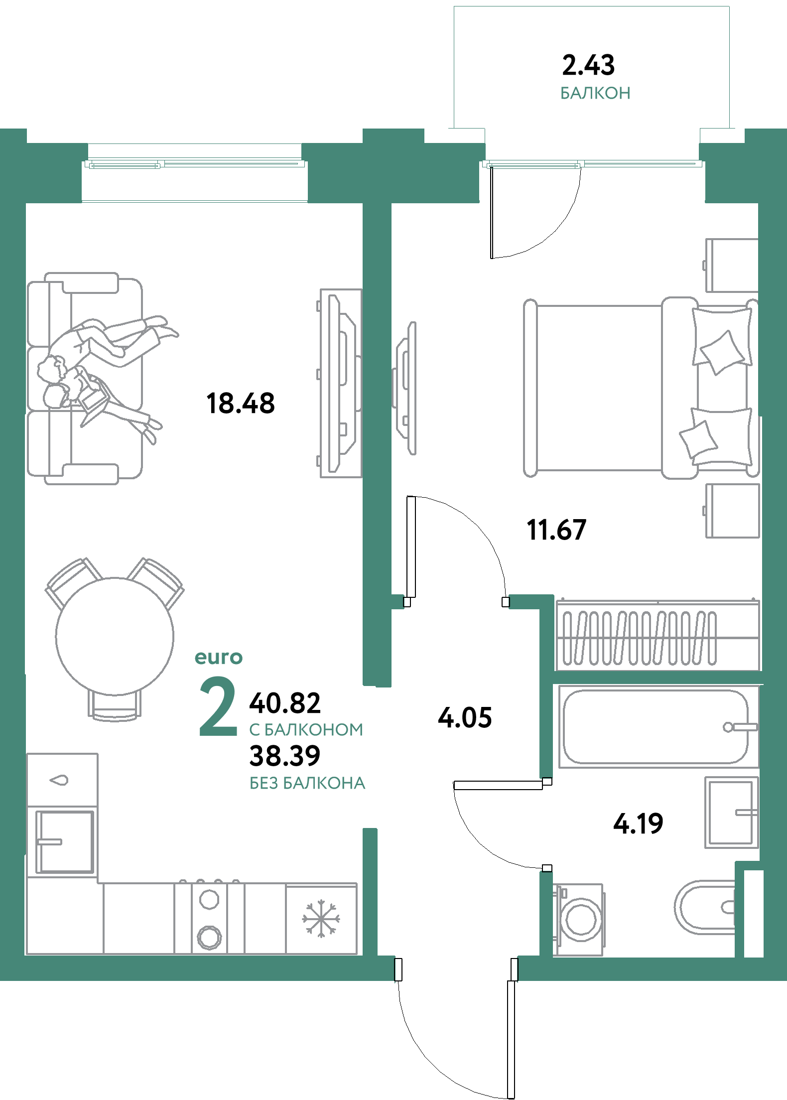 ЖК "Остров-сад"-2-комнатная 40.82 м²