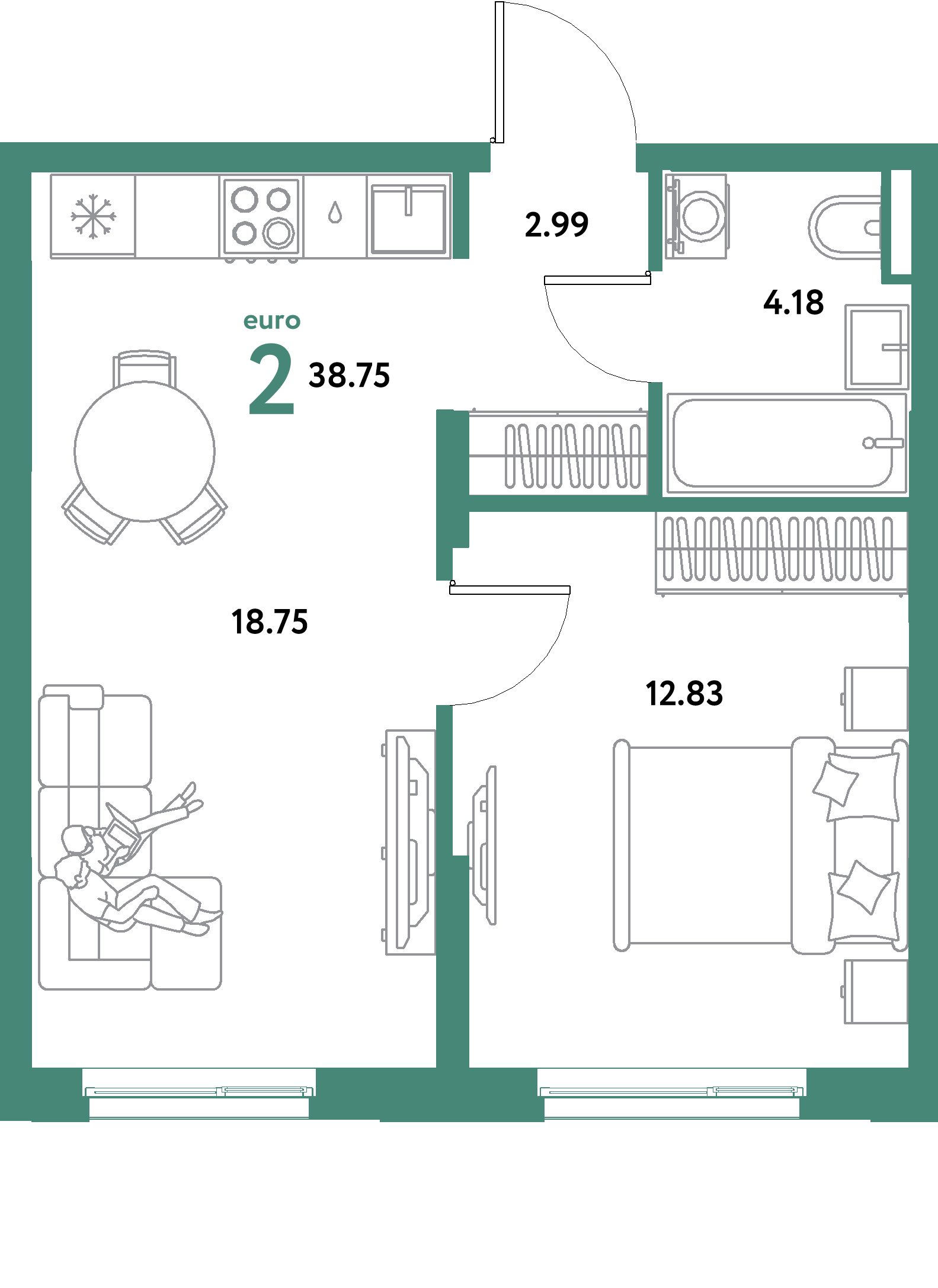 ЖК "Остров-сад"-2-комнатная 38.75 м²