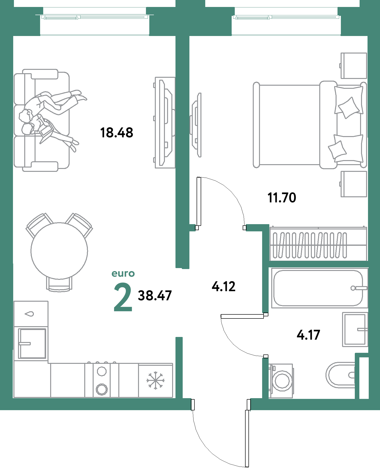 ЖК "Остров-сад"-2-комнатная 38.47 м²