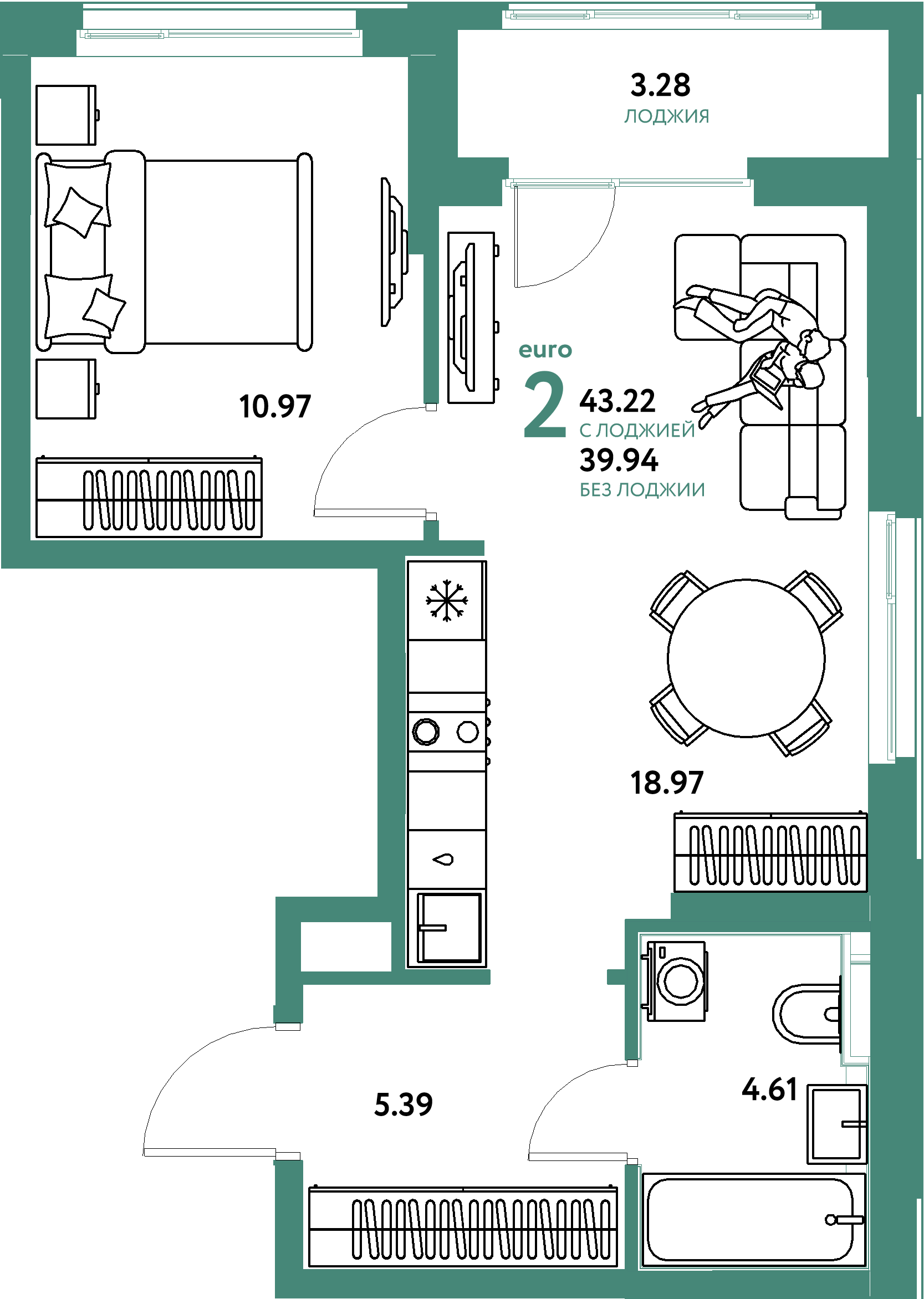 Планировка: Евродвушка 43.2 м² в ЖК Домашний, Плеханово