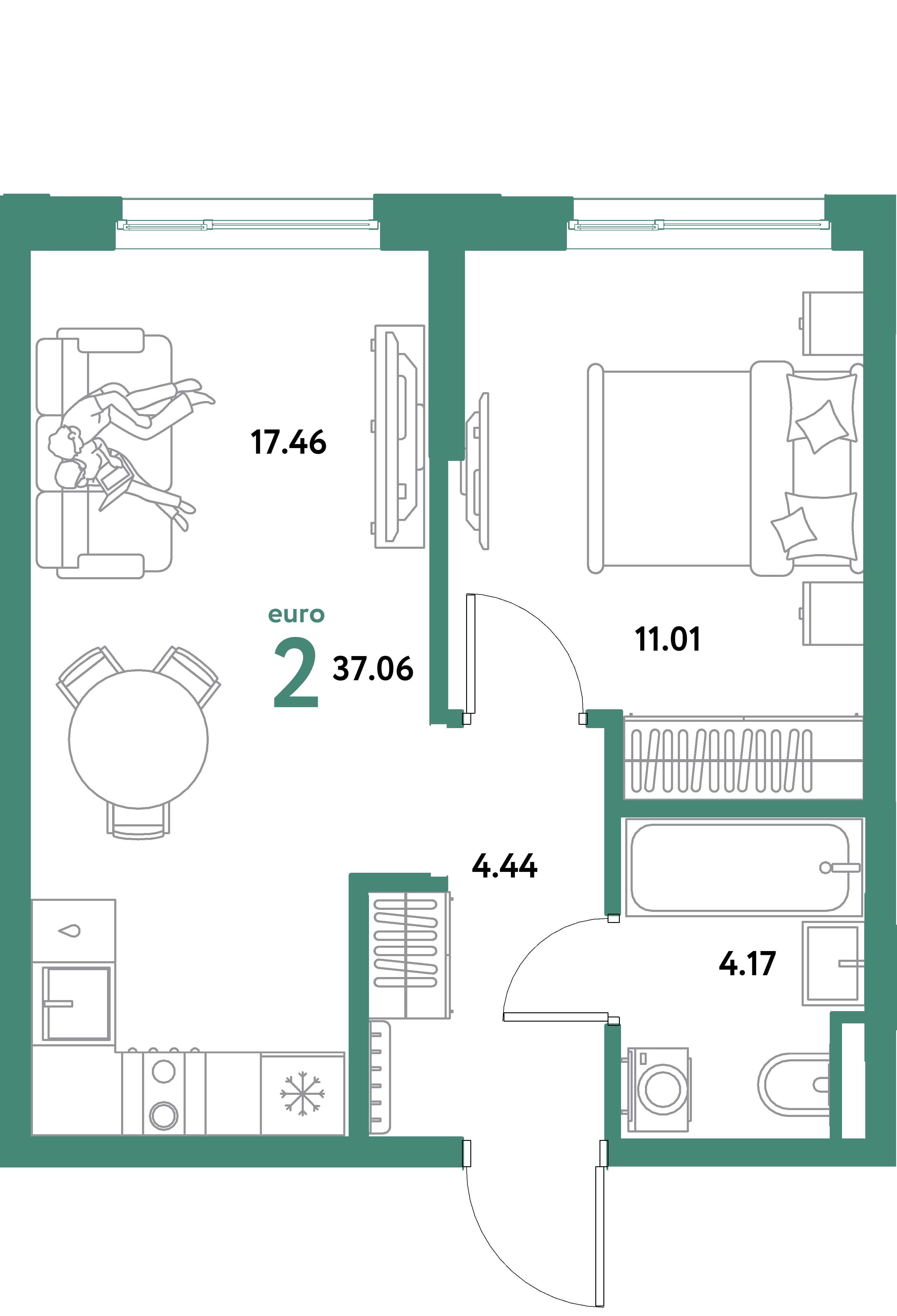 ЖК "Остров-сад"-2-комнатная 37.06 м²