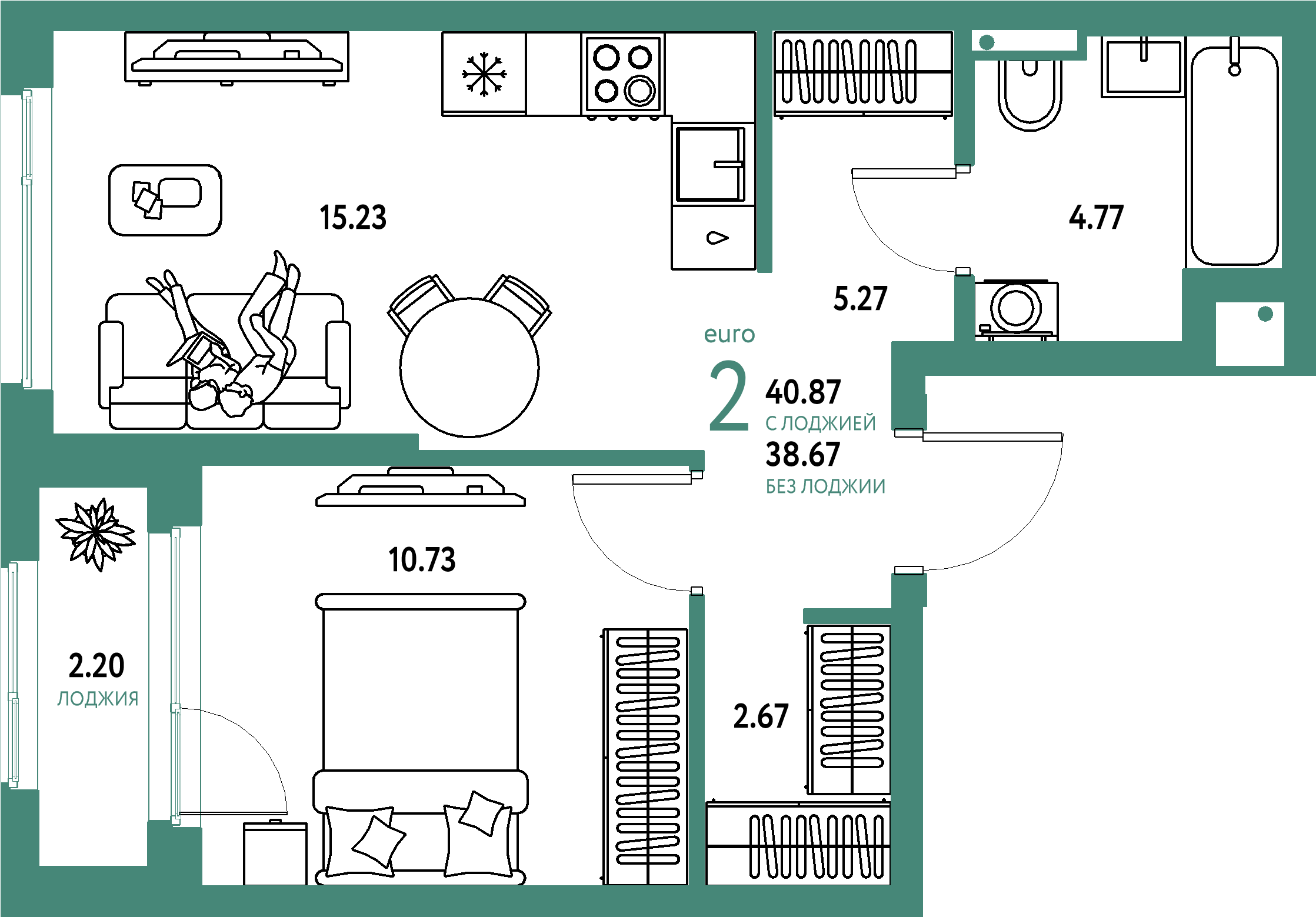 ЖК "Страна.Парковая"-2-комнатная 40.87 м²