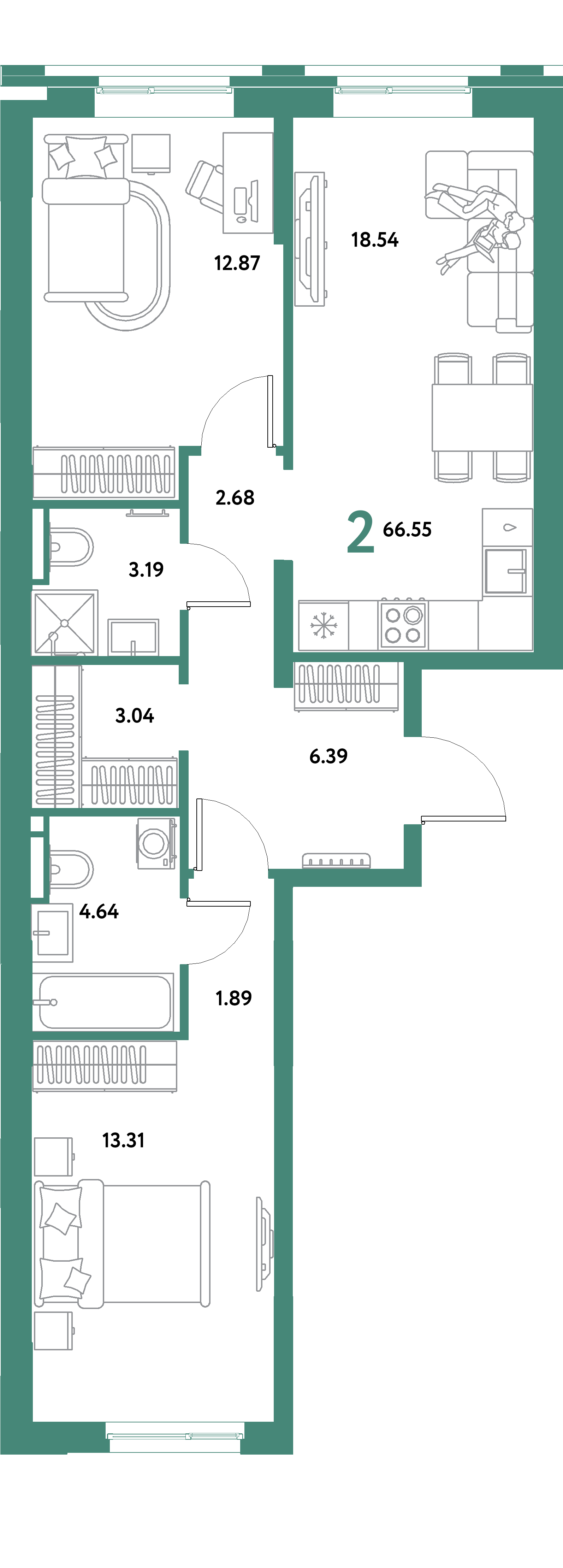 ЖК "Остров-сад"-2-комнатная 66.55 м²