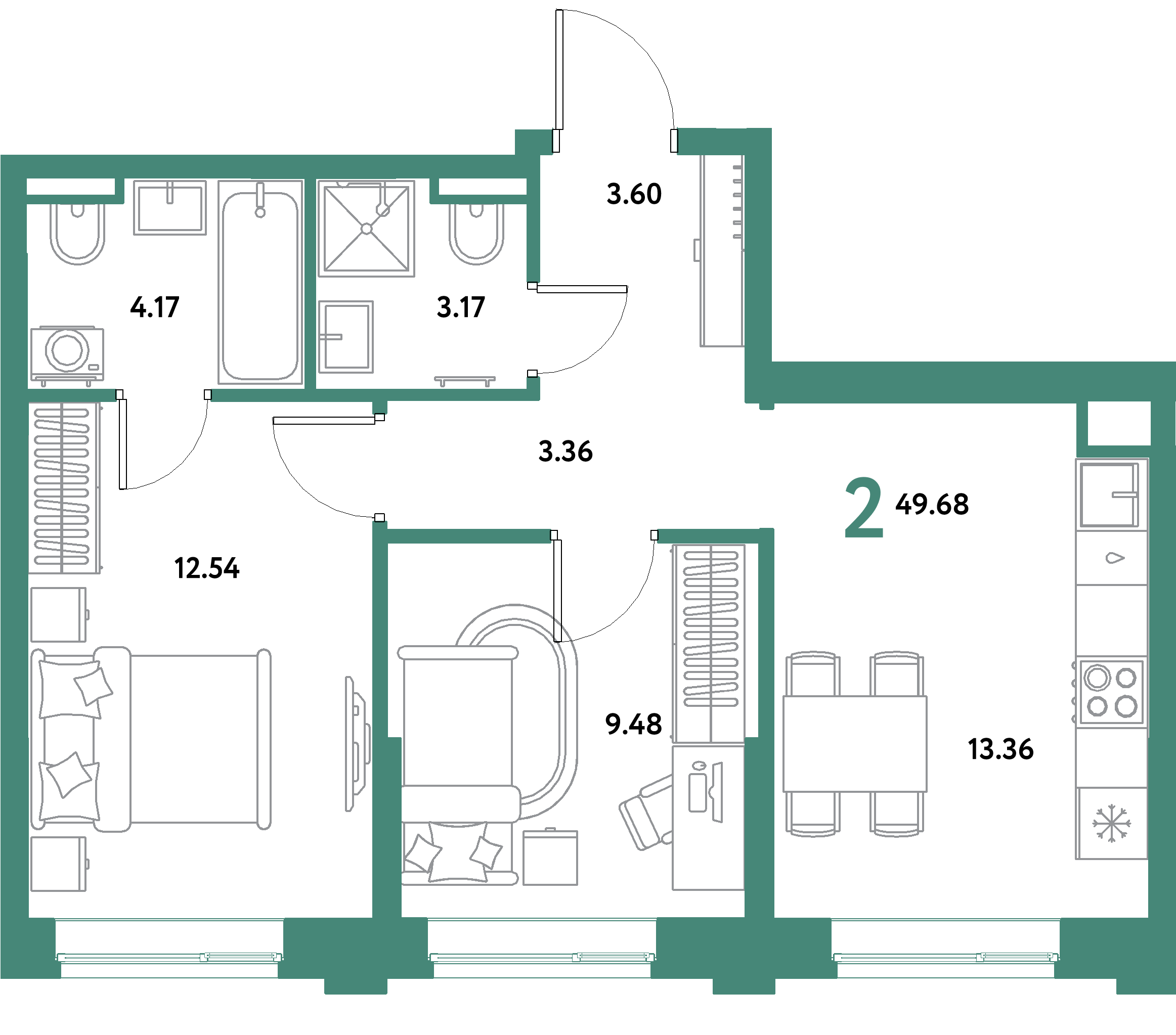 ЖК "Остров-сад"-2-комнатная 49.68 м²