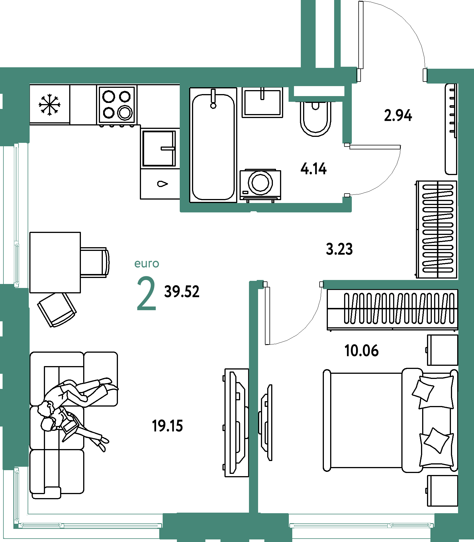 ЖК "Страна.Прибрежная"-2-комнатная 39.52 м²