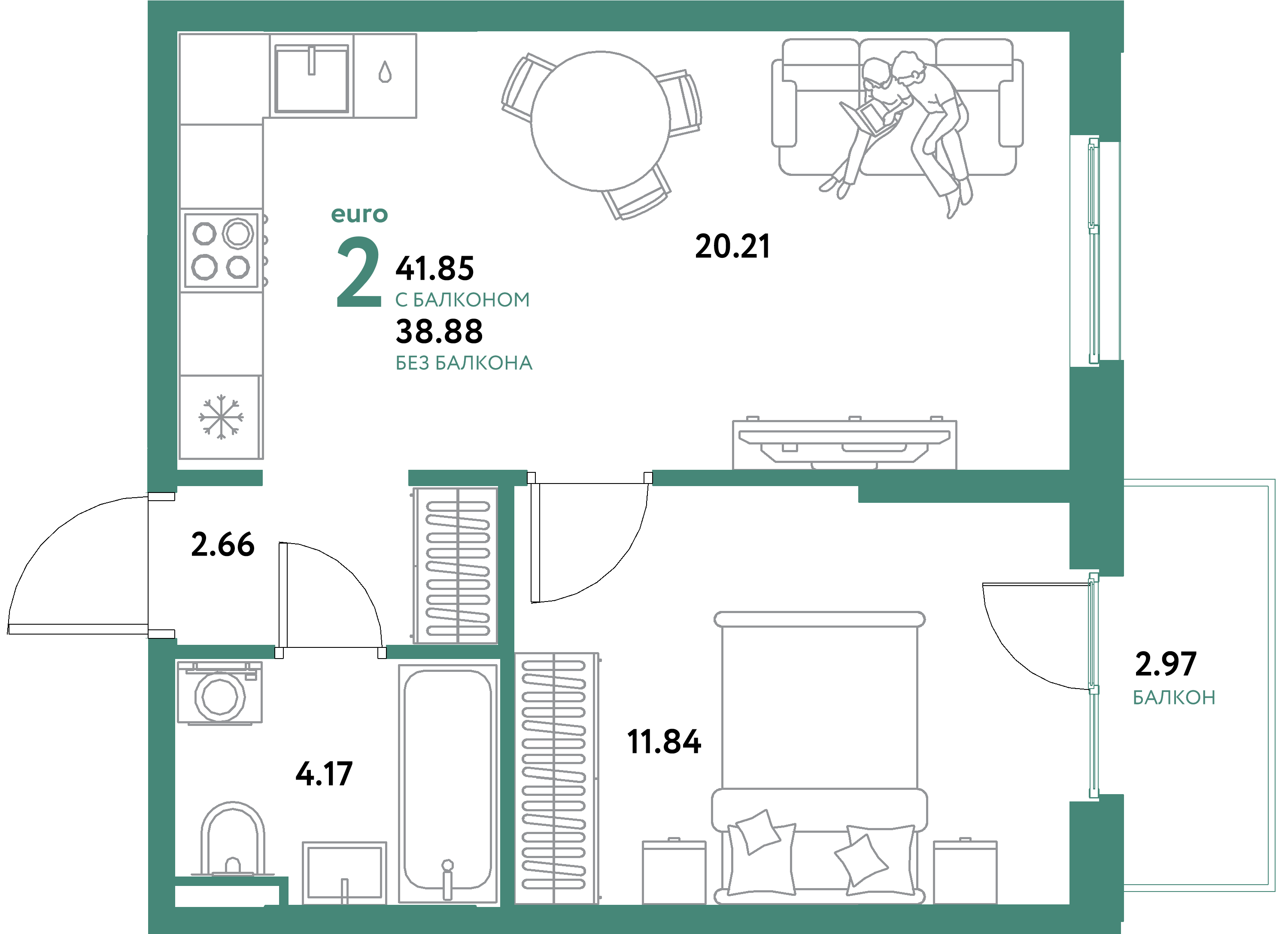 ЖК "Остров-сад"-2-комнатная 41.85 м²