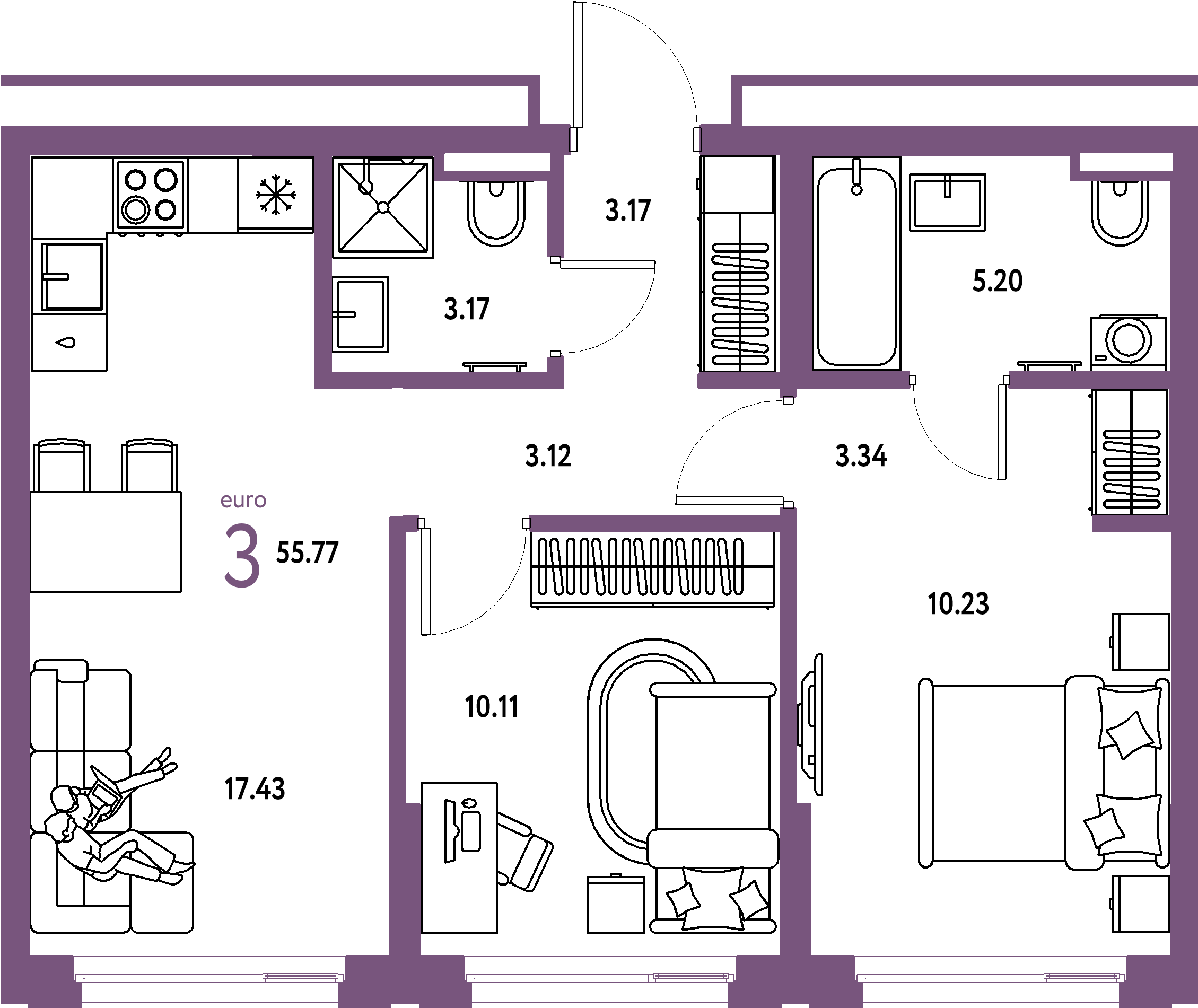 ЖК "Страна.Прибрежная"-3-комнатная 55.77 м²