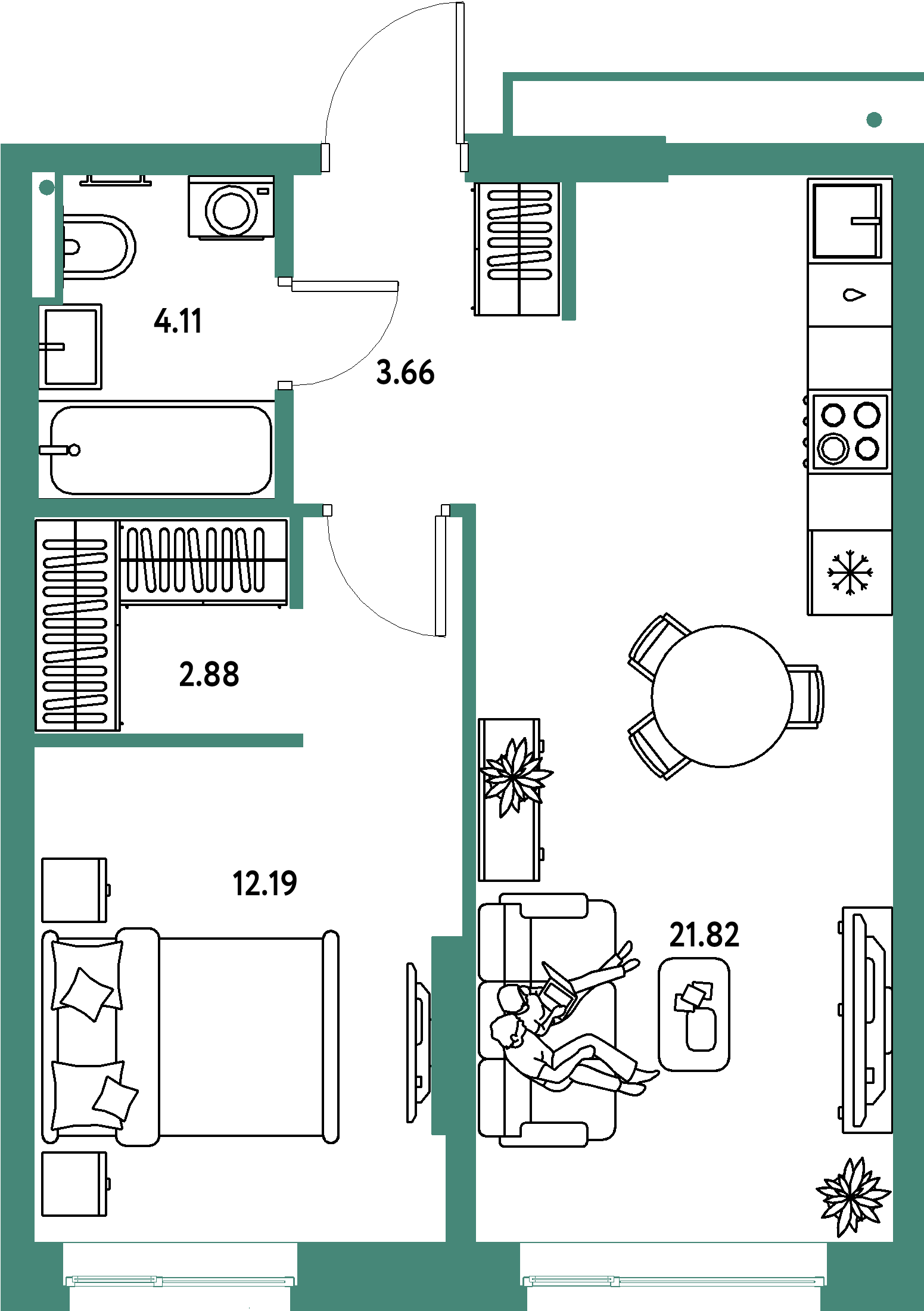 ЖК "Страна.Парковая"-2-комнатная 44.66 м²