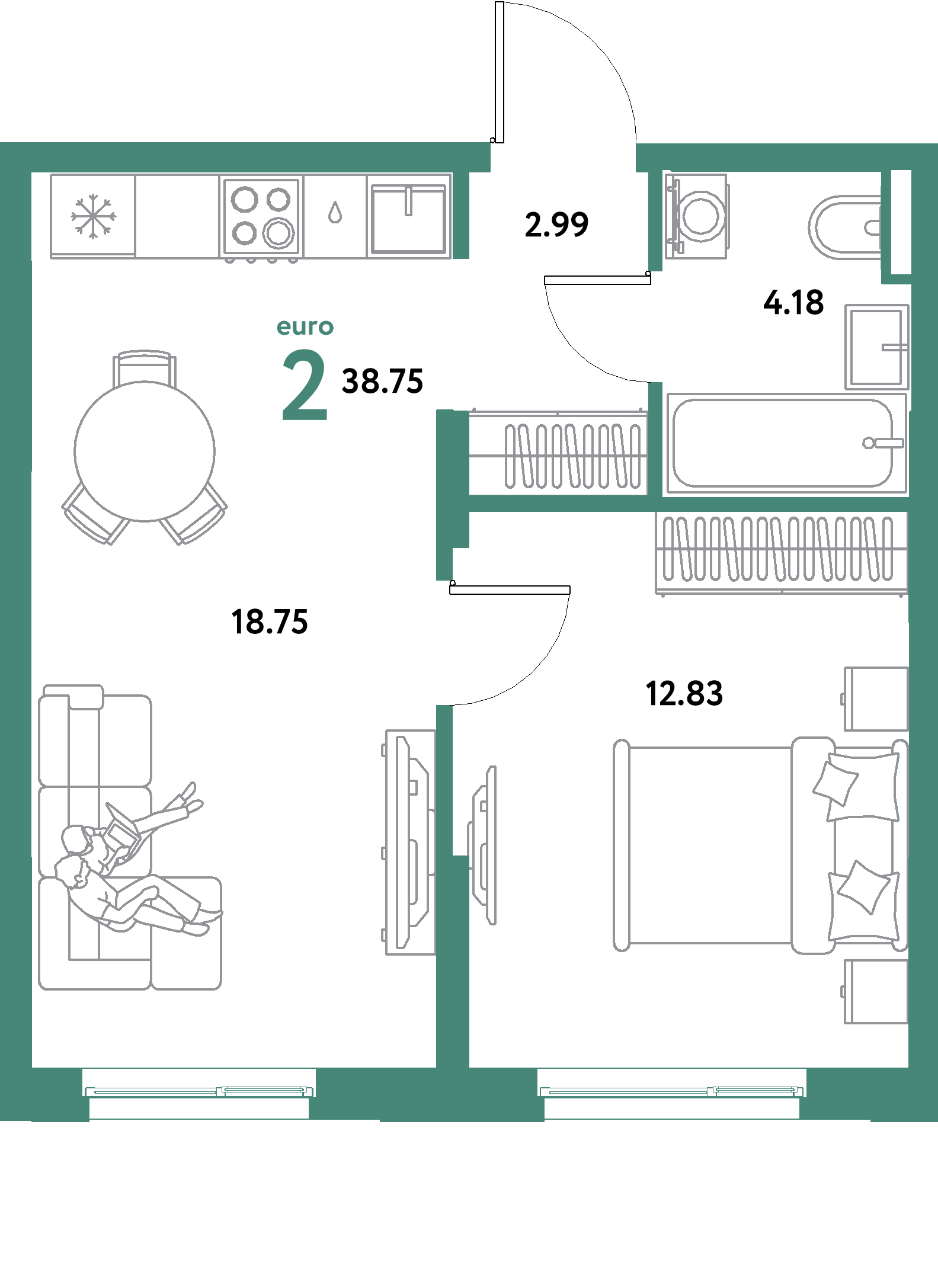 ЖК "Остров-сад"-2-комнатная 38.75 м²