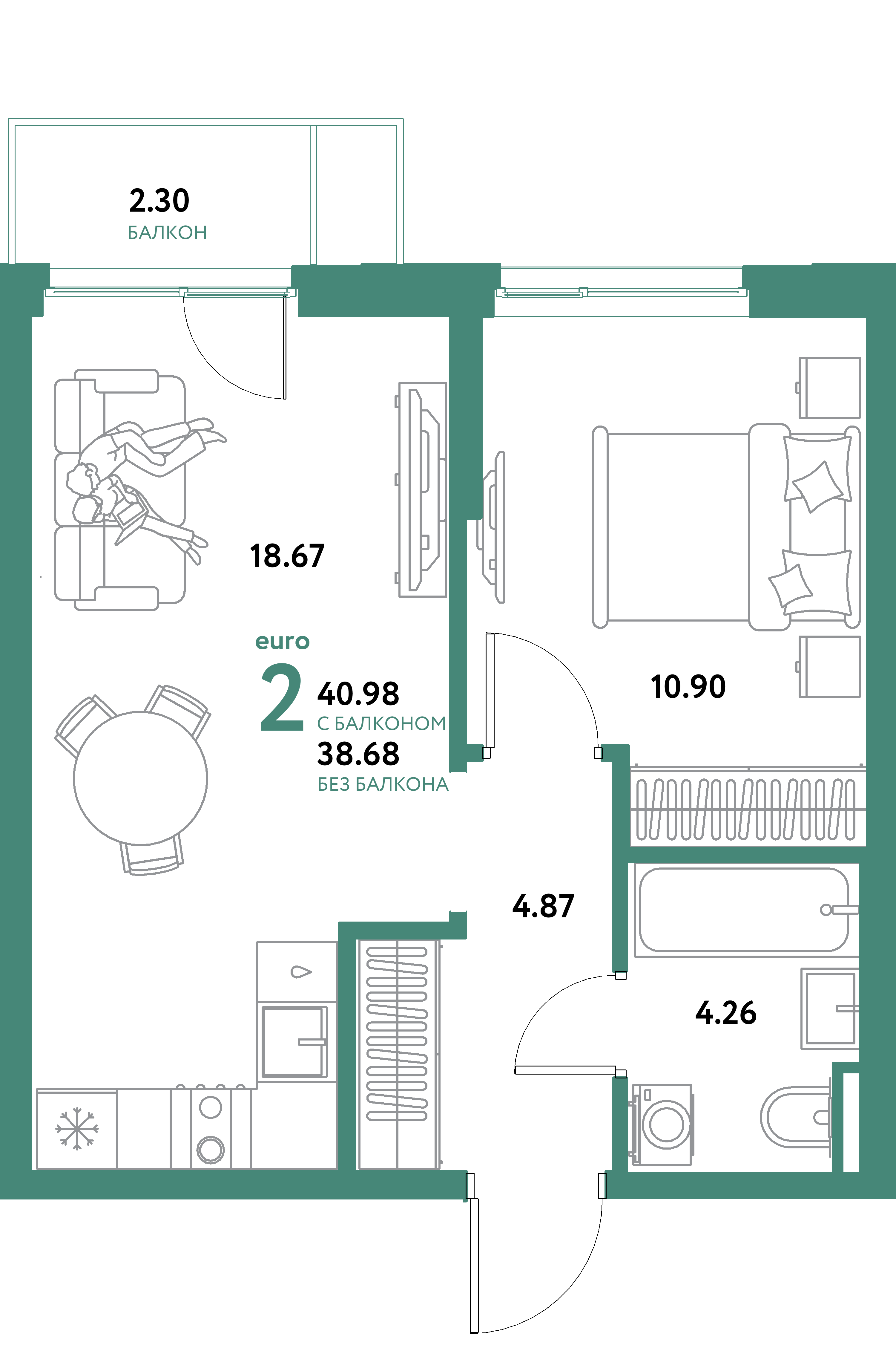 ЖК "Остров-сад"-2-комнатная 40.98 м²