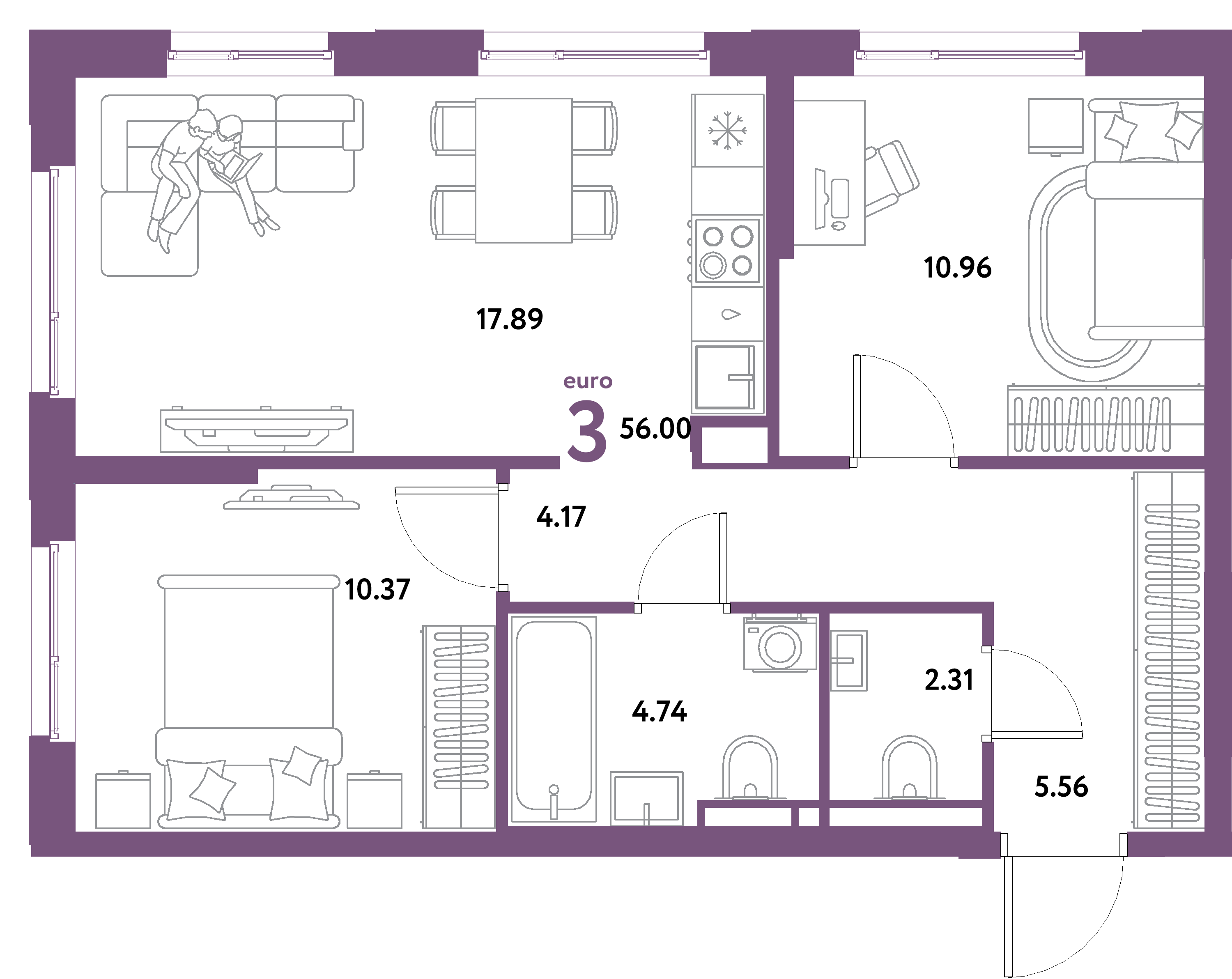 ЖК "Остров-сад"-3-комнатная 56 м²