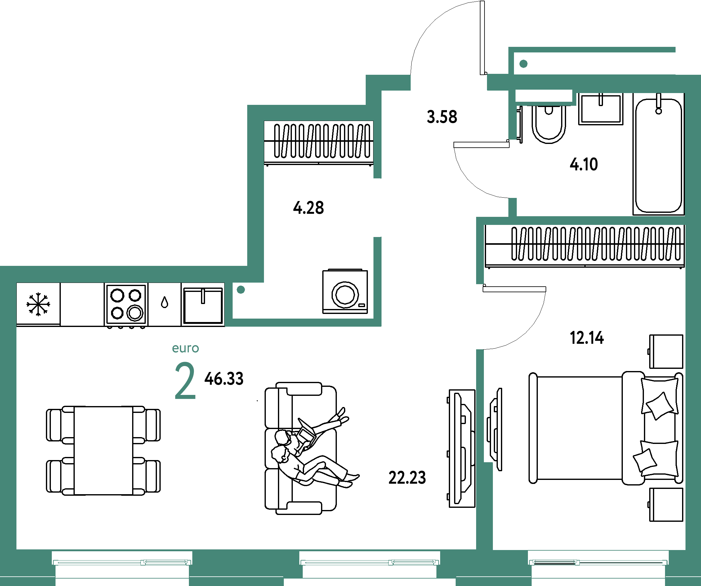 ЖК "Домашний"-2-комнатная 46.33 м²