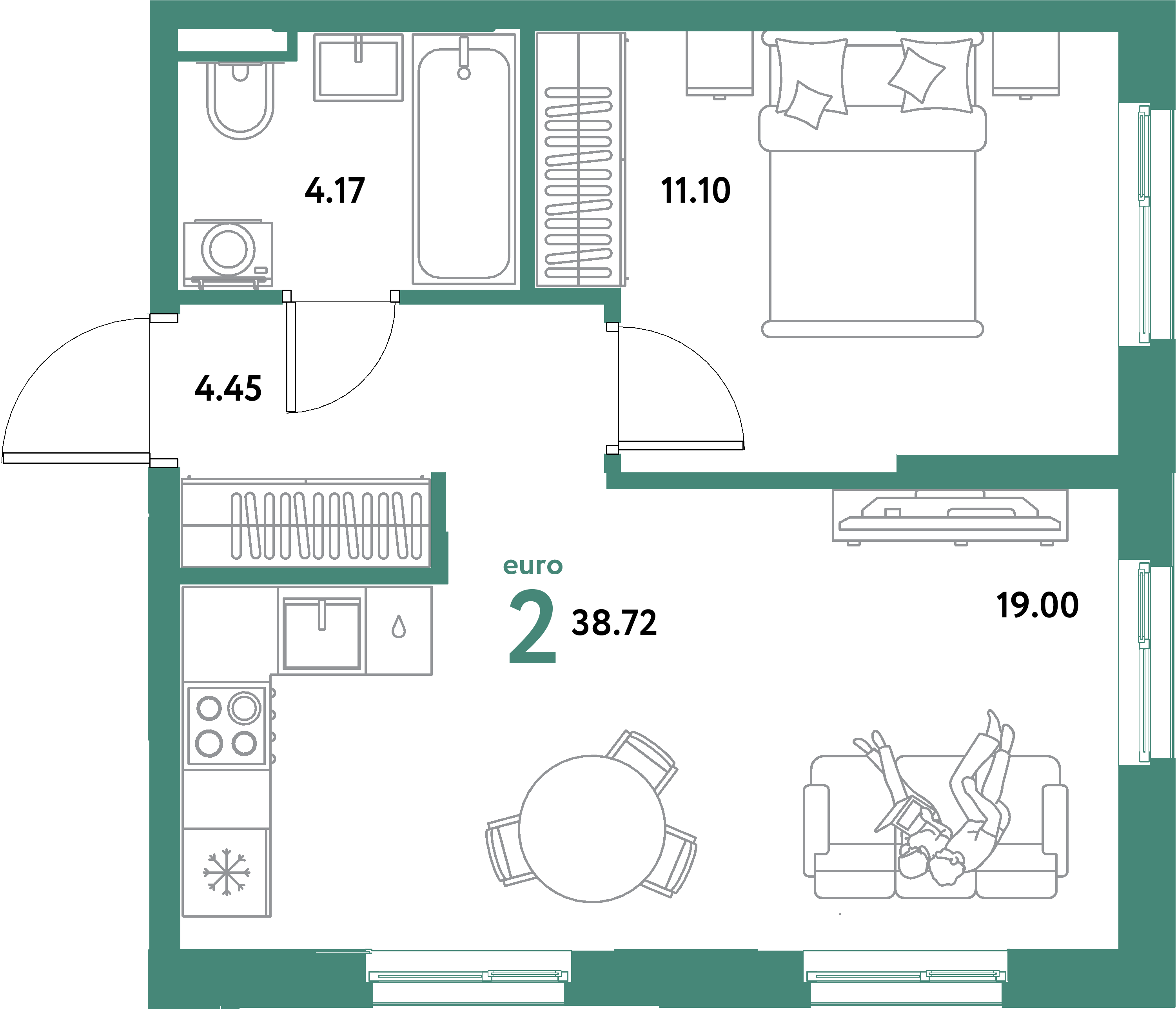 ЖК "Остров-сад"-2-комнатная 38.72 м²