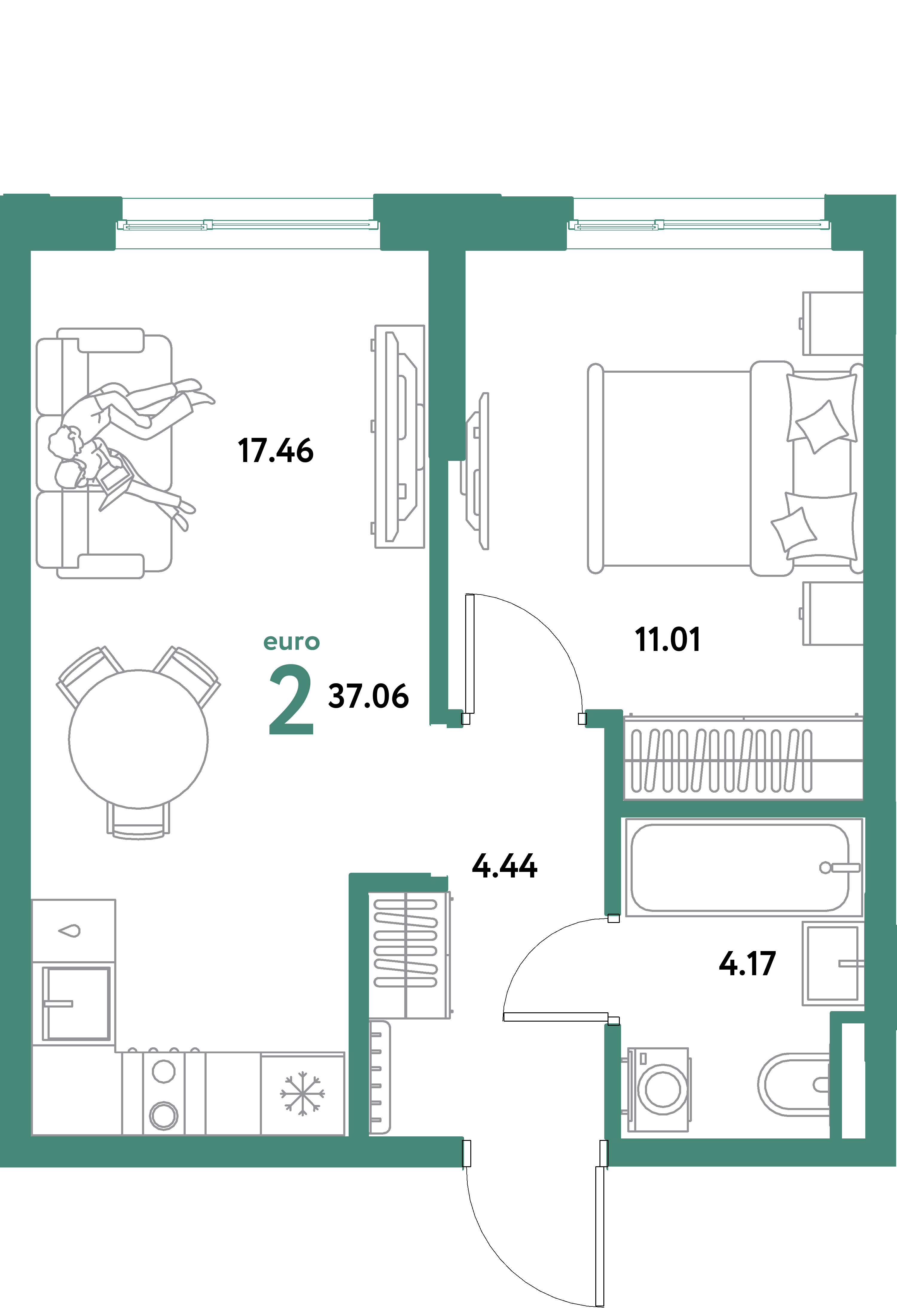 ЖК "Остров-сад"-2-комнатная 37.06 м²