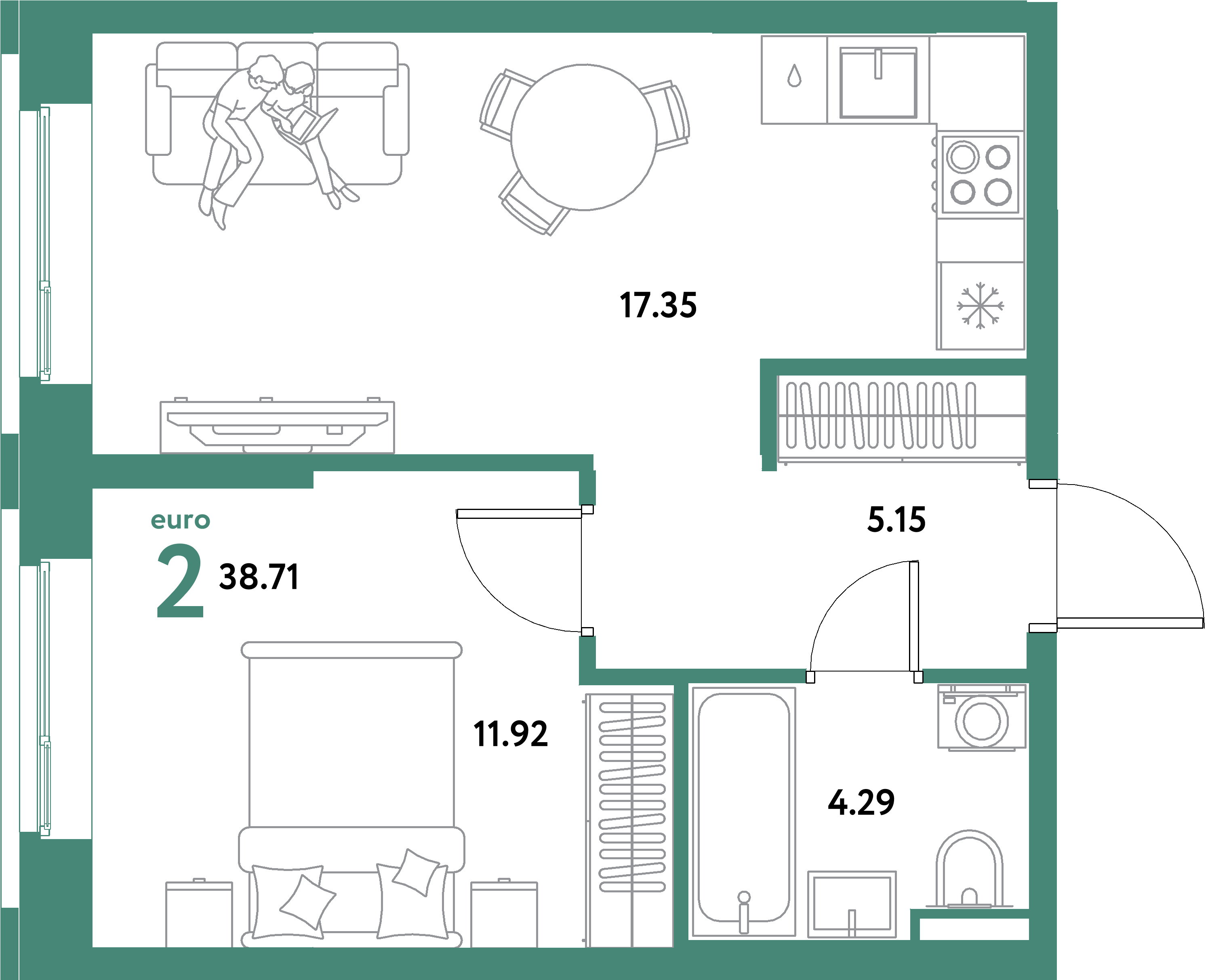 ЖК "Остров-сад"-2-комнатная 38.71 м²