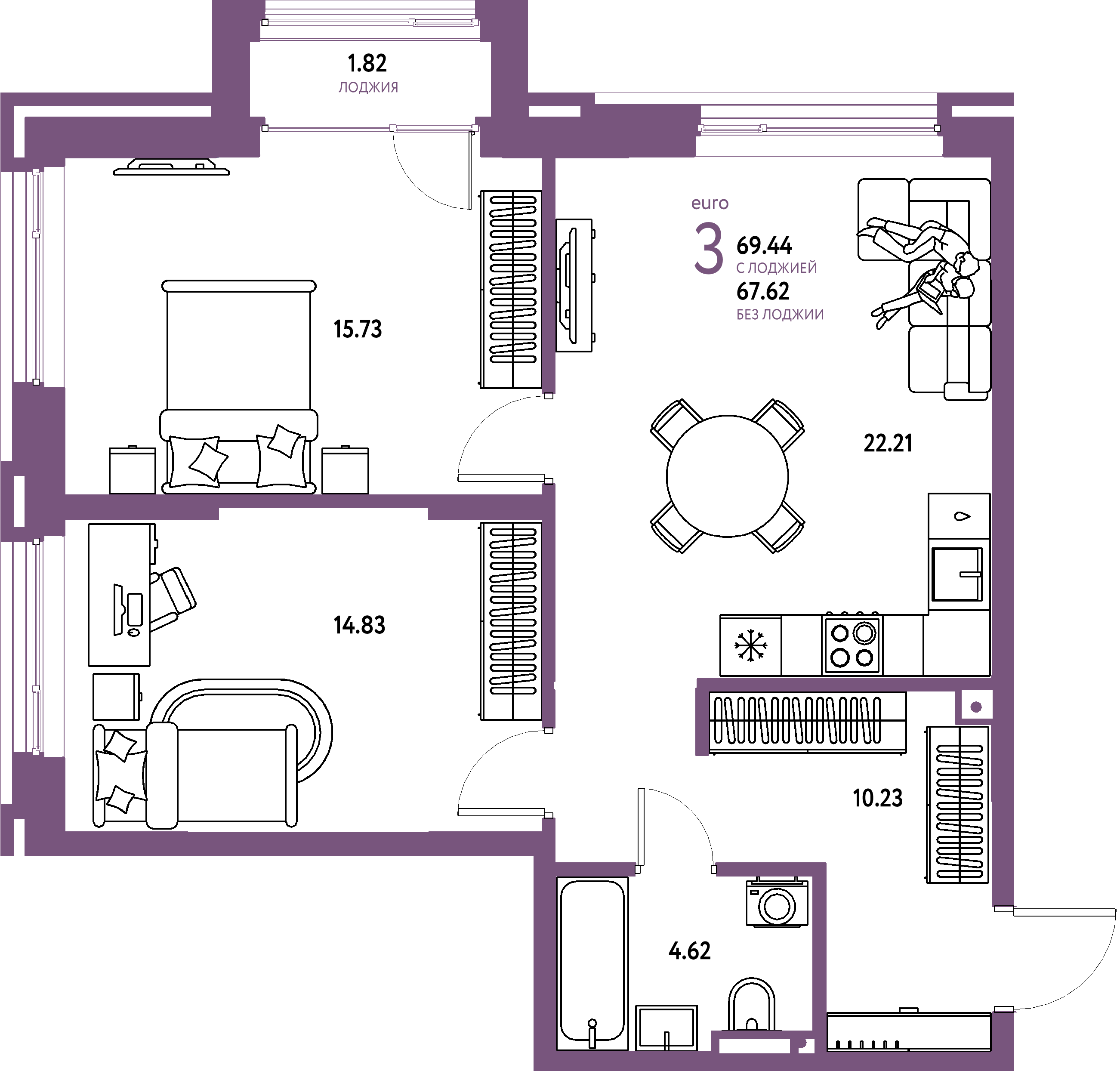 ЖК "Страна.Прибрежная"-3-комнатная 69.44 м²