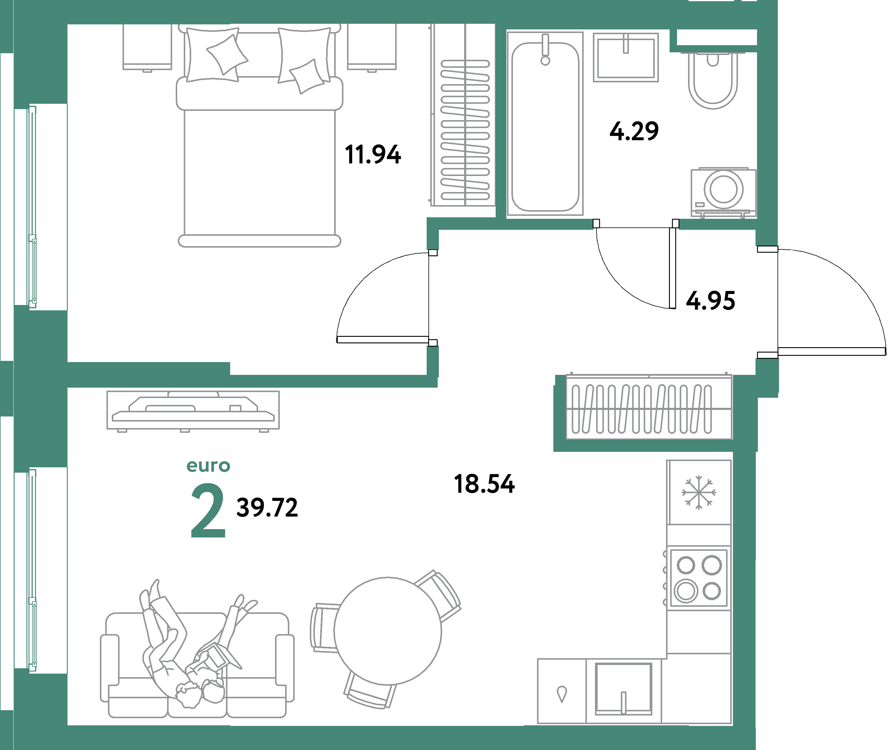 ЖК "Остров-сад"-2-комнатная 39.72 м²
