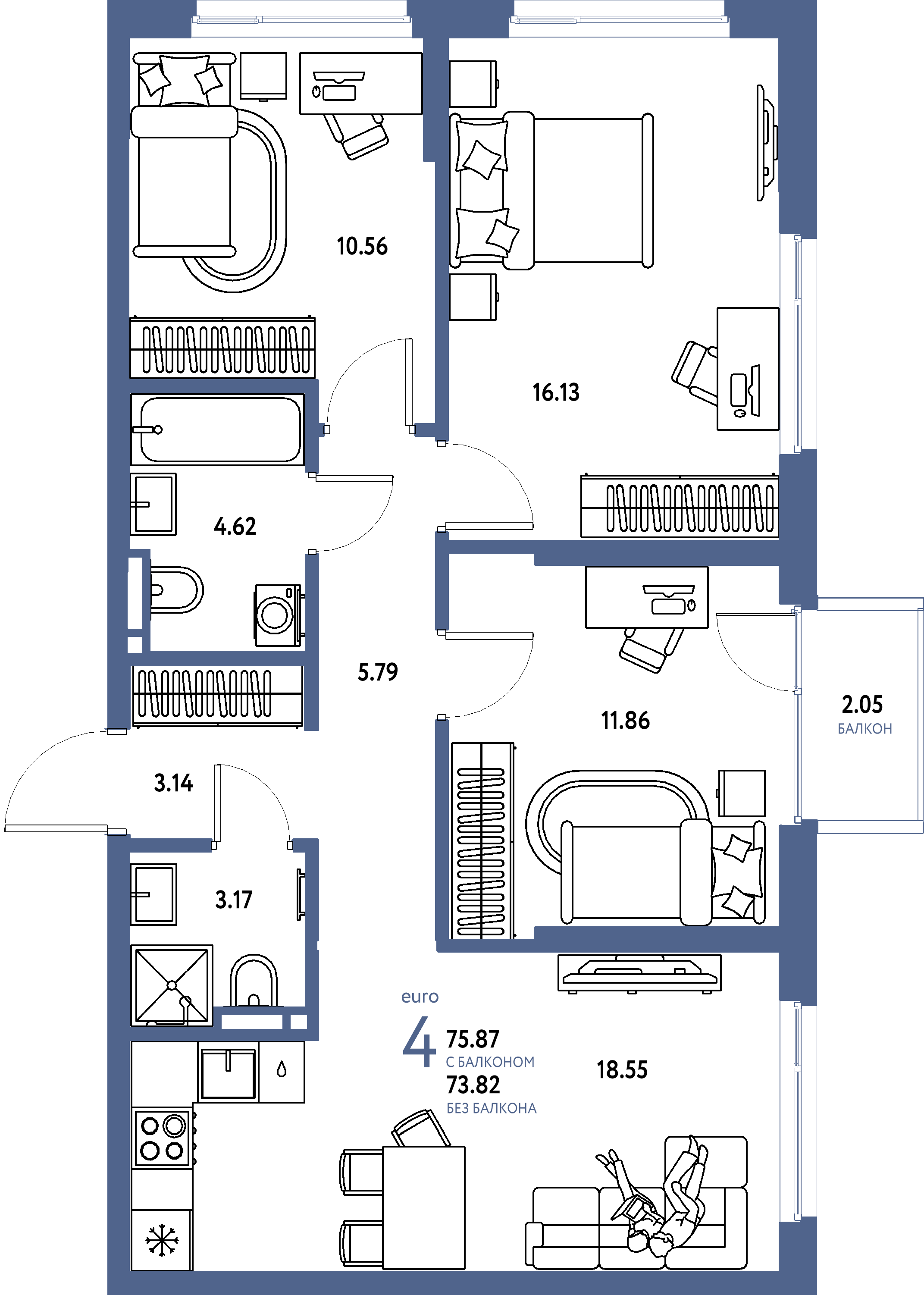 ЖК "Страна.Прибрежная"-4-комнатная 75.87 м²
