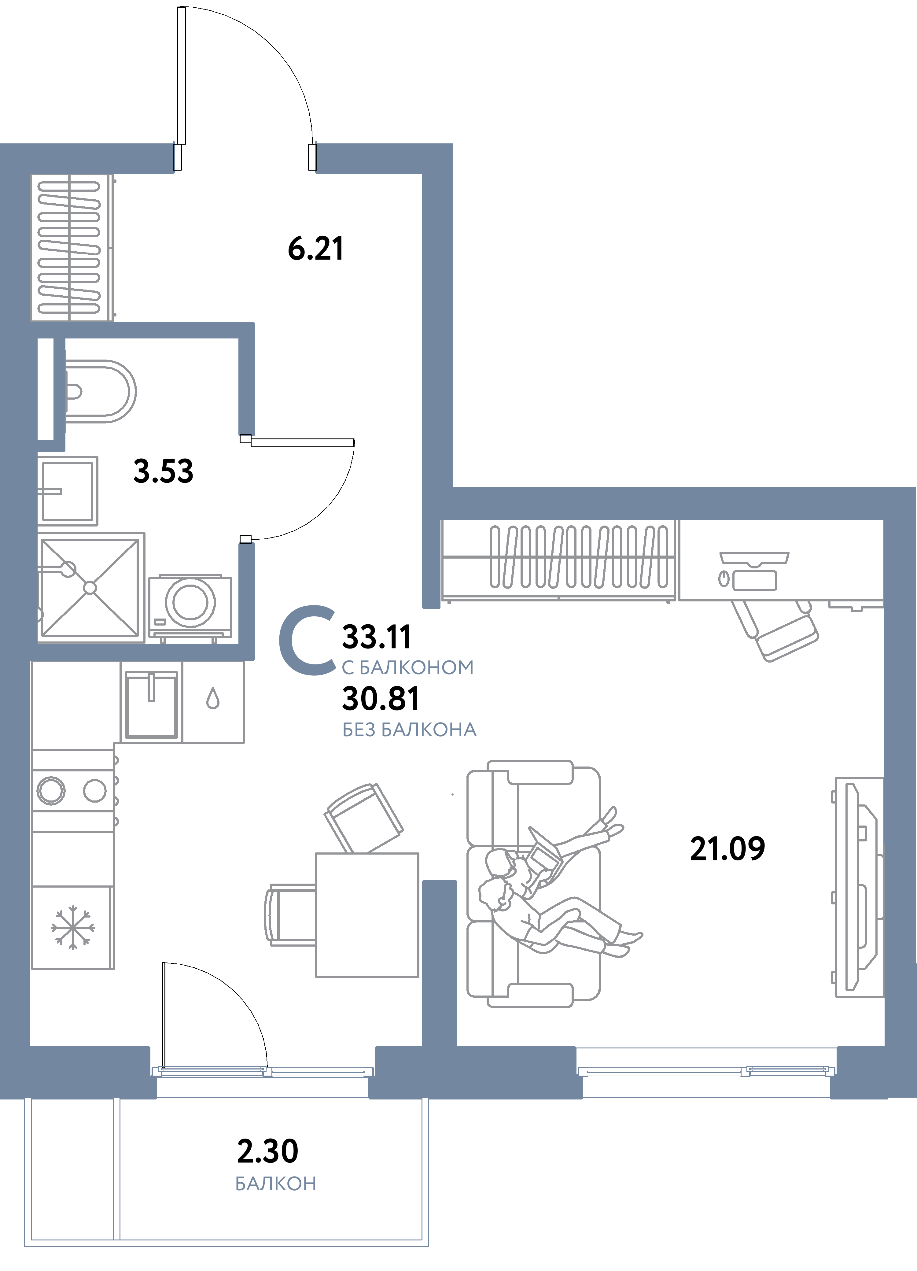 ЖК "Остров-сад"-Студия 33.11 м²