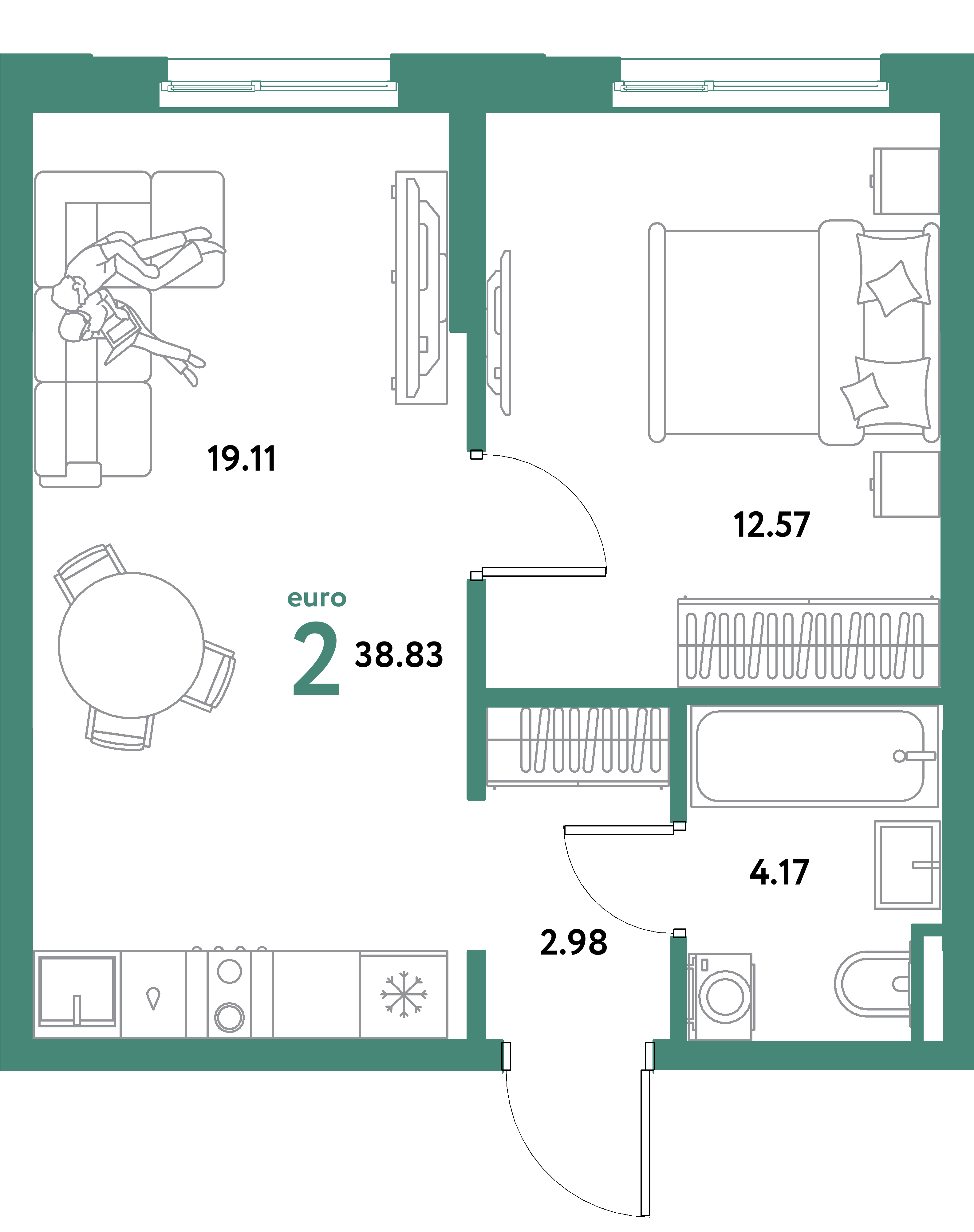 ЖК "Остров-сад"-2-комнатная 38.83 м²