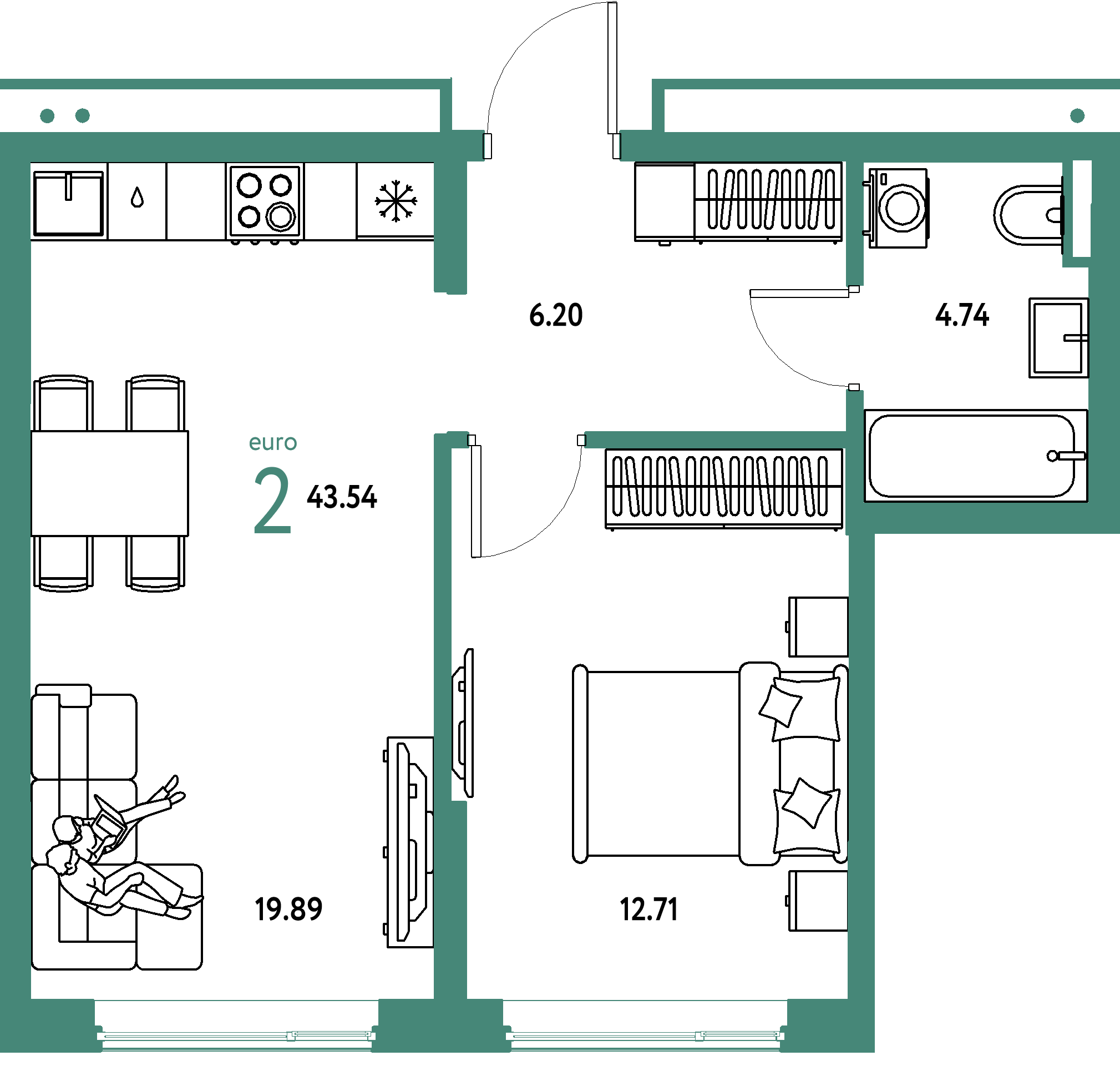 ЖК "Страна.Прибрежная"-2-комнатная 43.54 м²