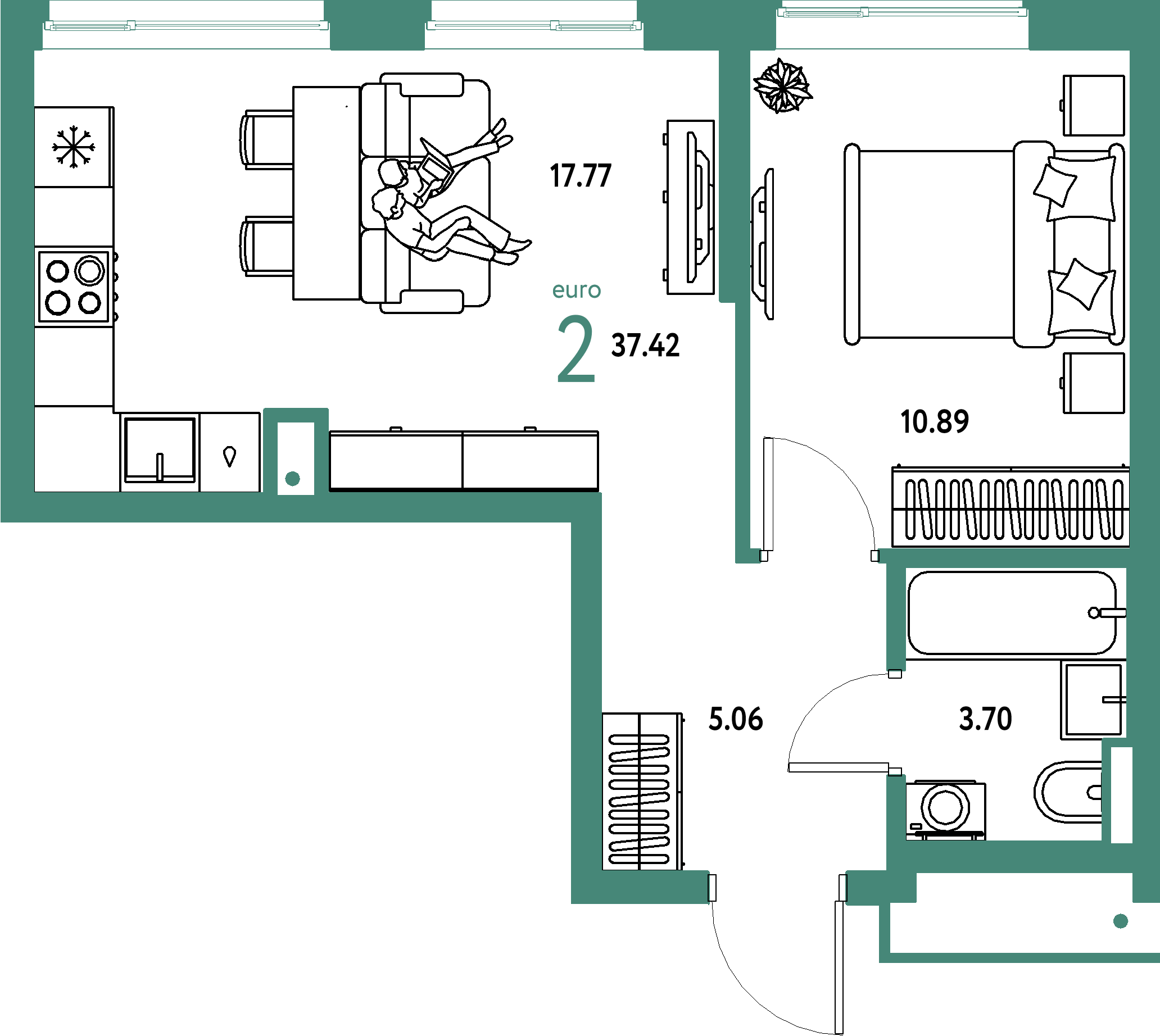 ЖК "Страна.Парковая"-2-комнатная 37.42 м²