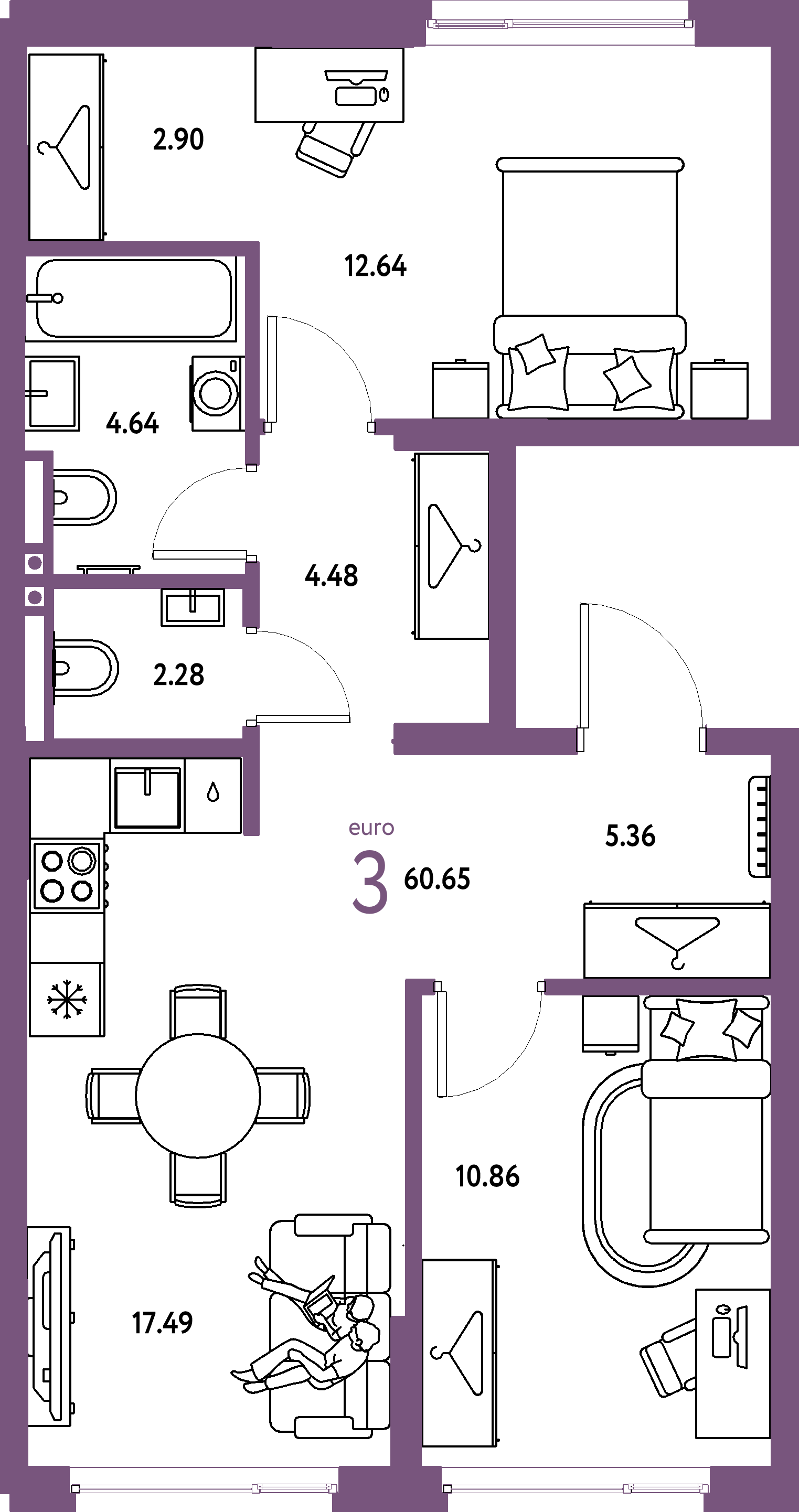ЖК "Страна.Прибрежная"-3-комнатная 60.65 м²