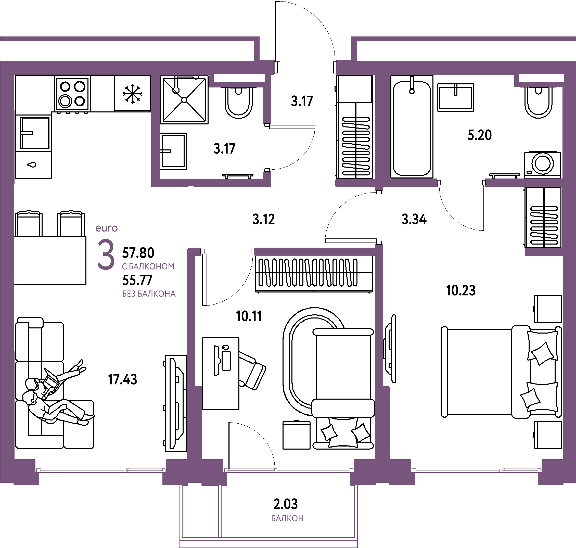 ЖК "Страна.Прибрежная"-3-комнатная 57.8 м²