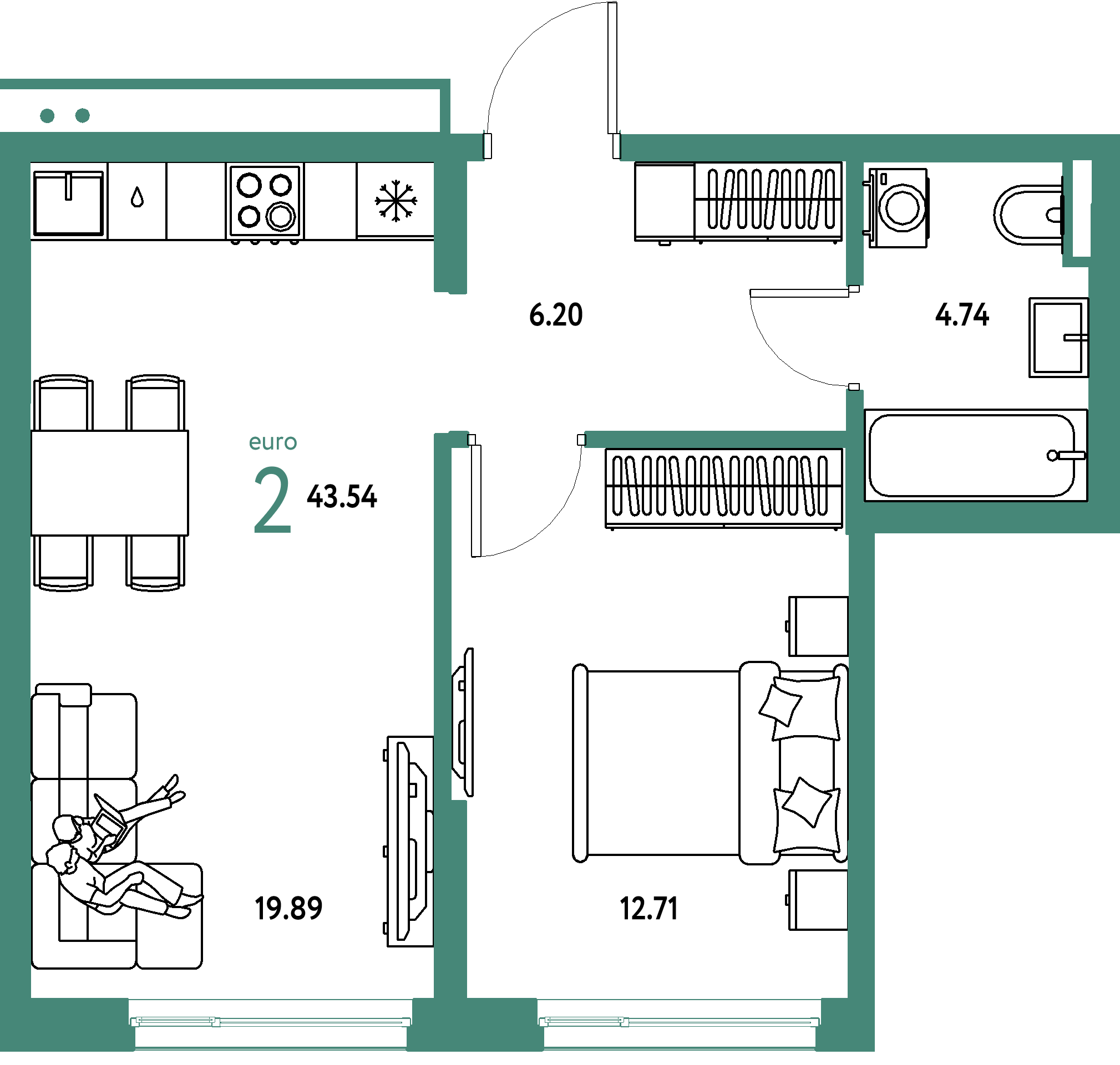 ЖК "Страна.Прибрежная"-2-комнатная 43.54 м²