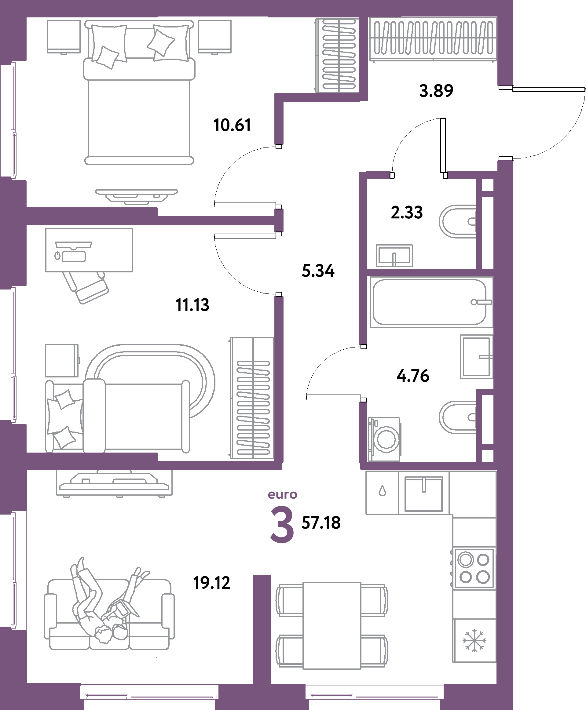 ЖК "Остров-сад"-3-комнатная 57.18 м²