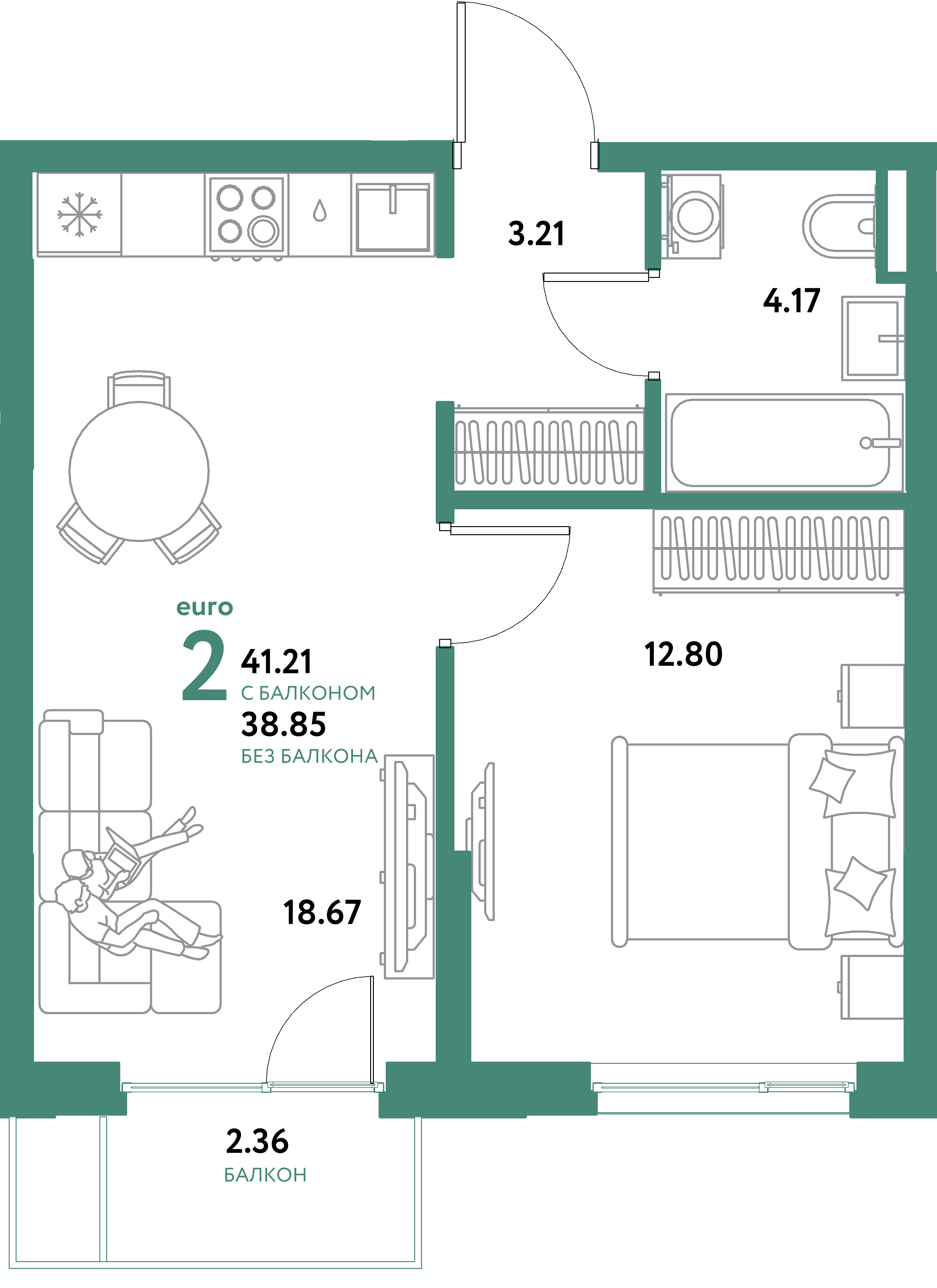 ЖК "Остров-сад"-2-комнатная 41.21 м²