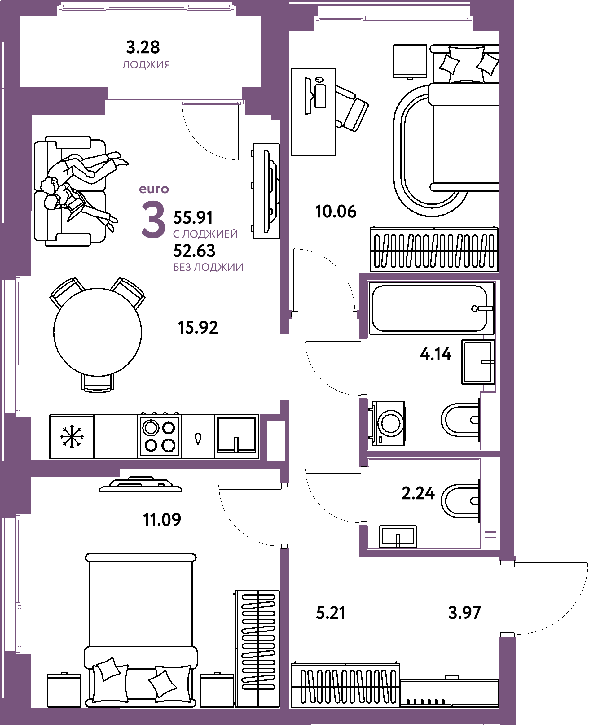 Планировка: Евротрешка 55.9 м² в ЖК Домашний, Плеханово