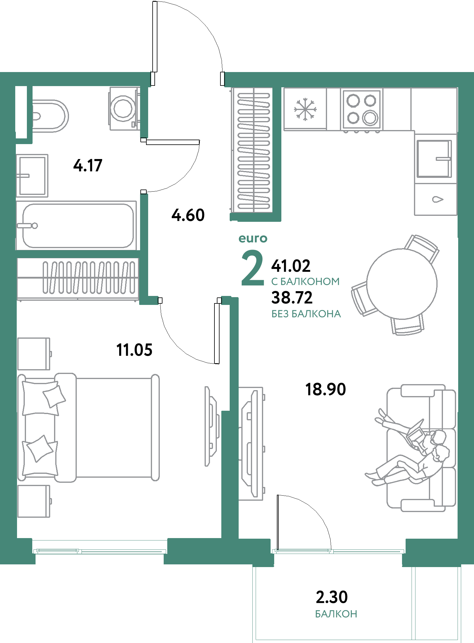 ЖК "Остров-сад"-2-комнатная 41.02 м²