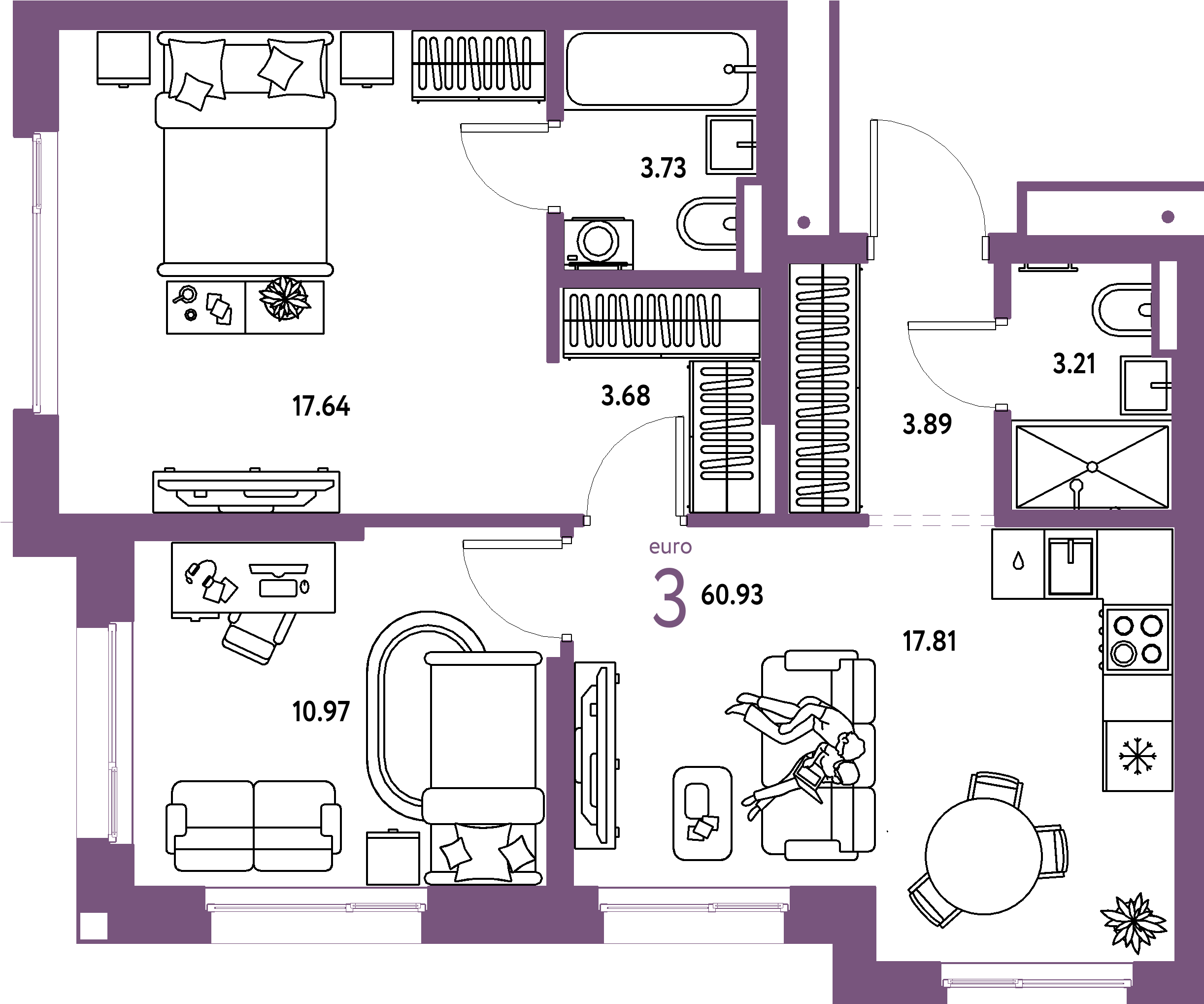 ЖК "Страна.Парковая"-3-комнатная 60.93 м²