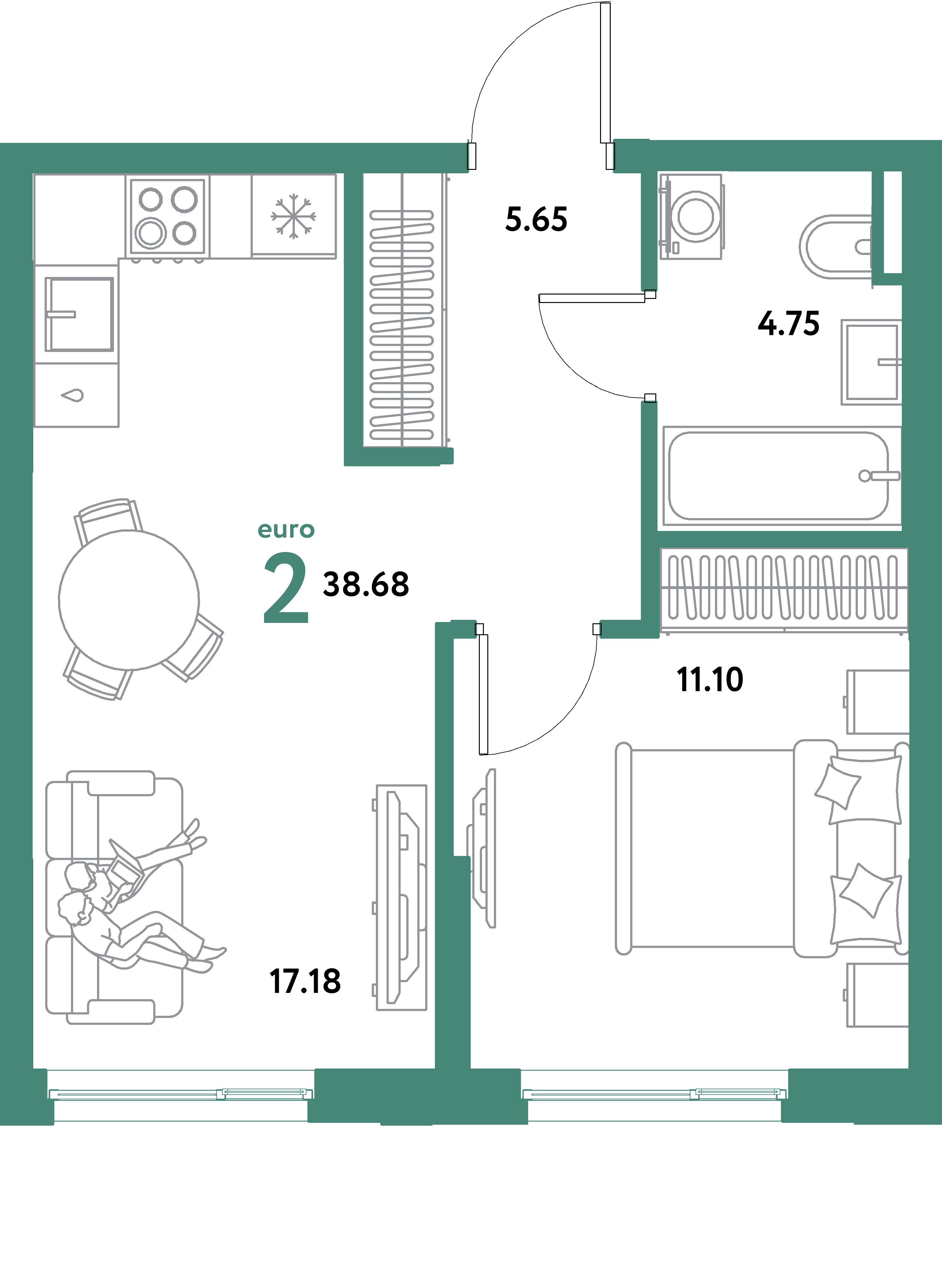 ЖК "Остров-сад"-2-комнатная 38.68 м²