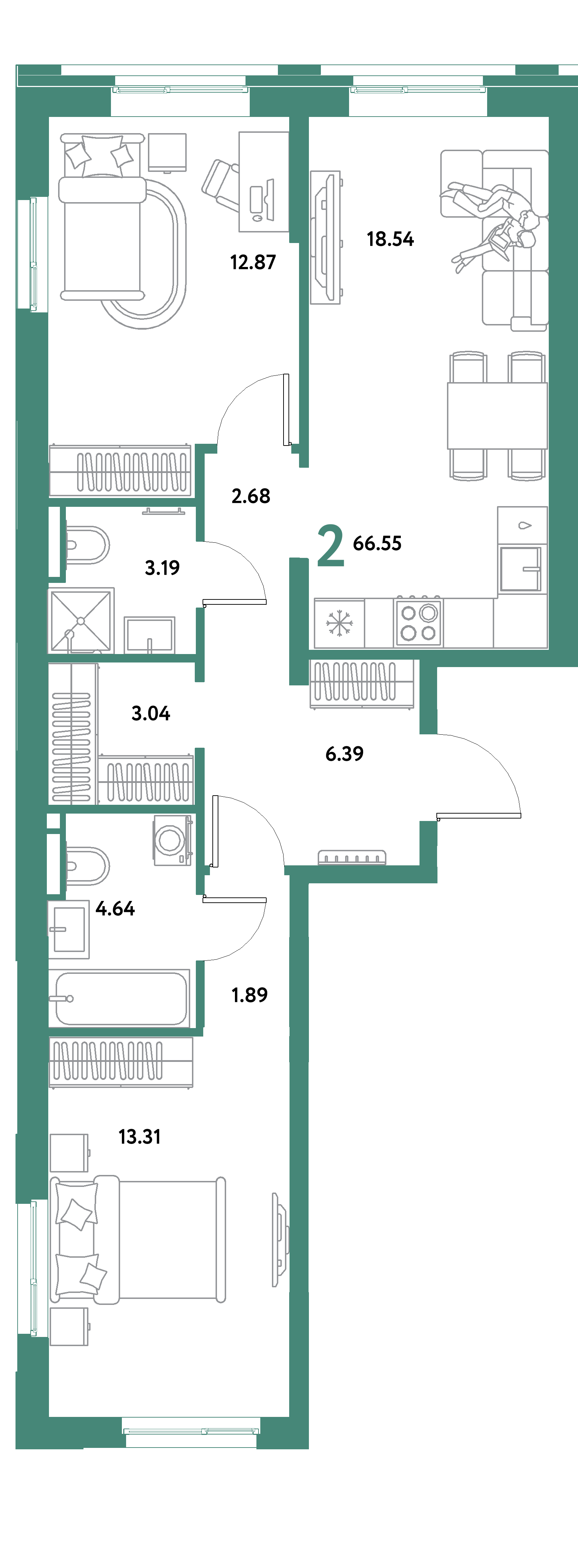 ЖК "Остров-сад"-2-комнатная 66.55 м²