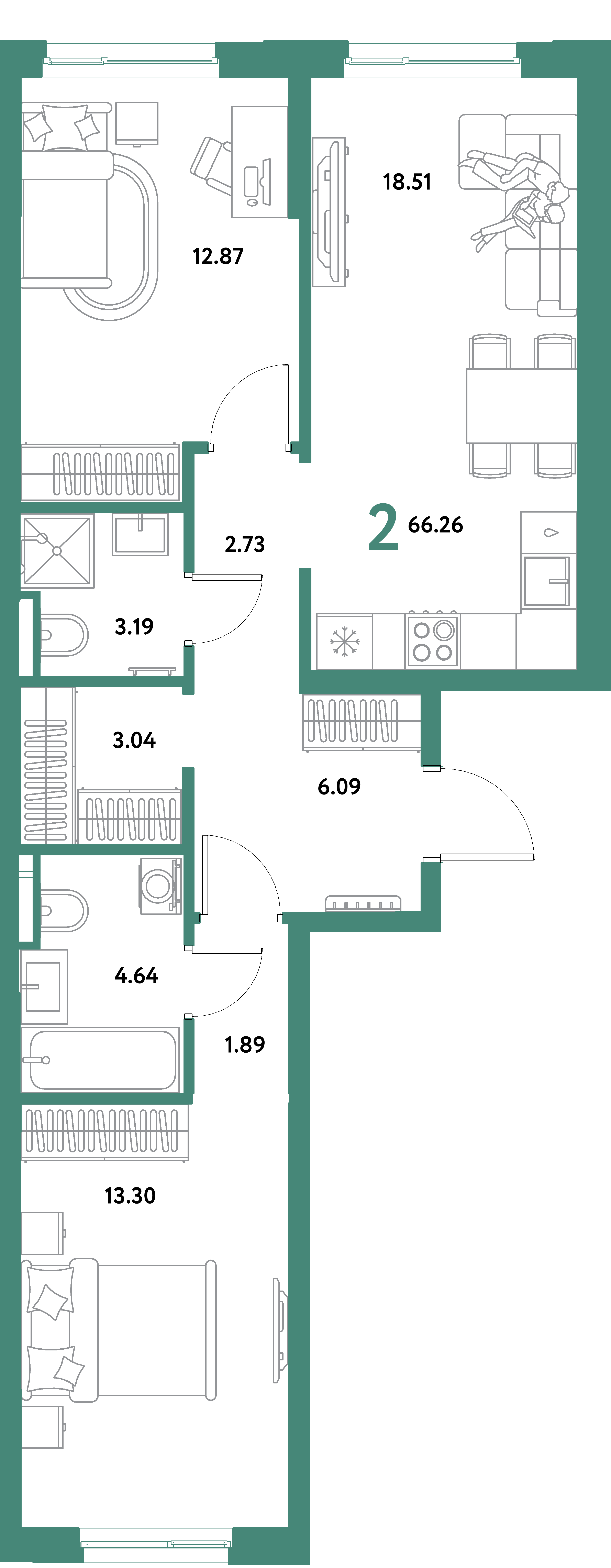 ЖК "Остров-сад"-2-комнатная 66.26 м²
