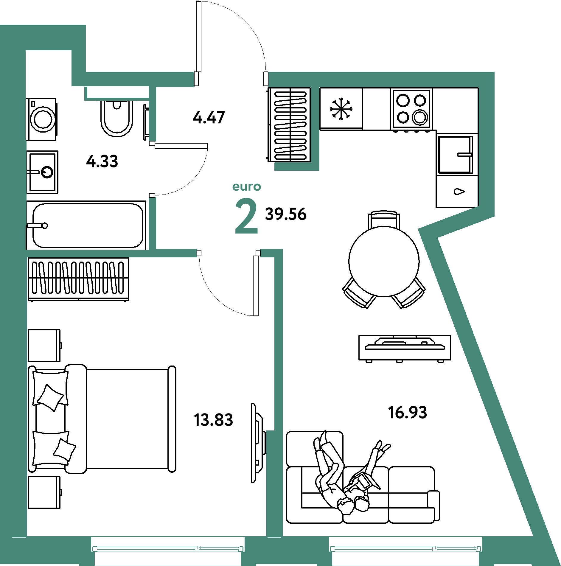 Планировка: Евродвушка 39.3 м² в ЖК Авторский, Дом Обороны