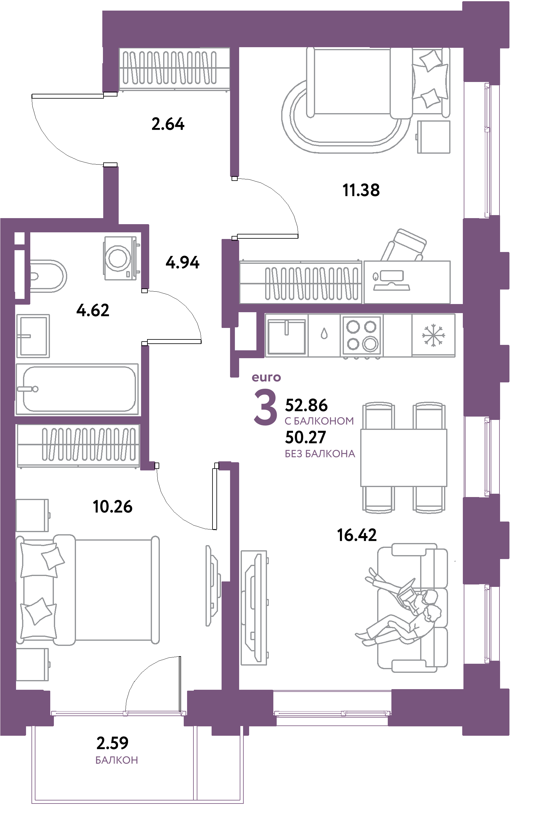 ЖК "Остров-сад"-3-комнатная 52.86 м²